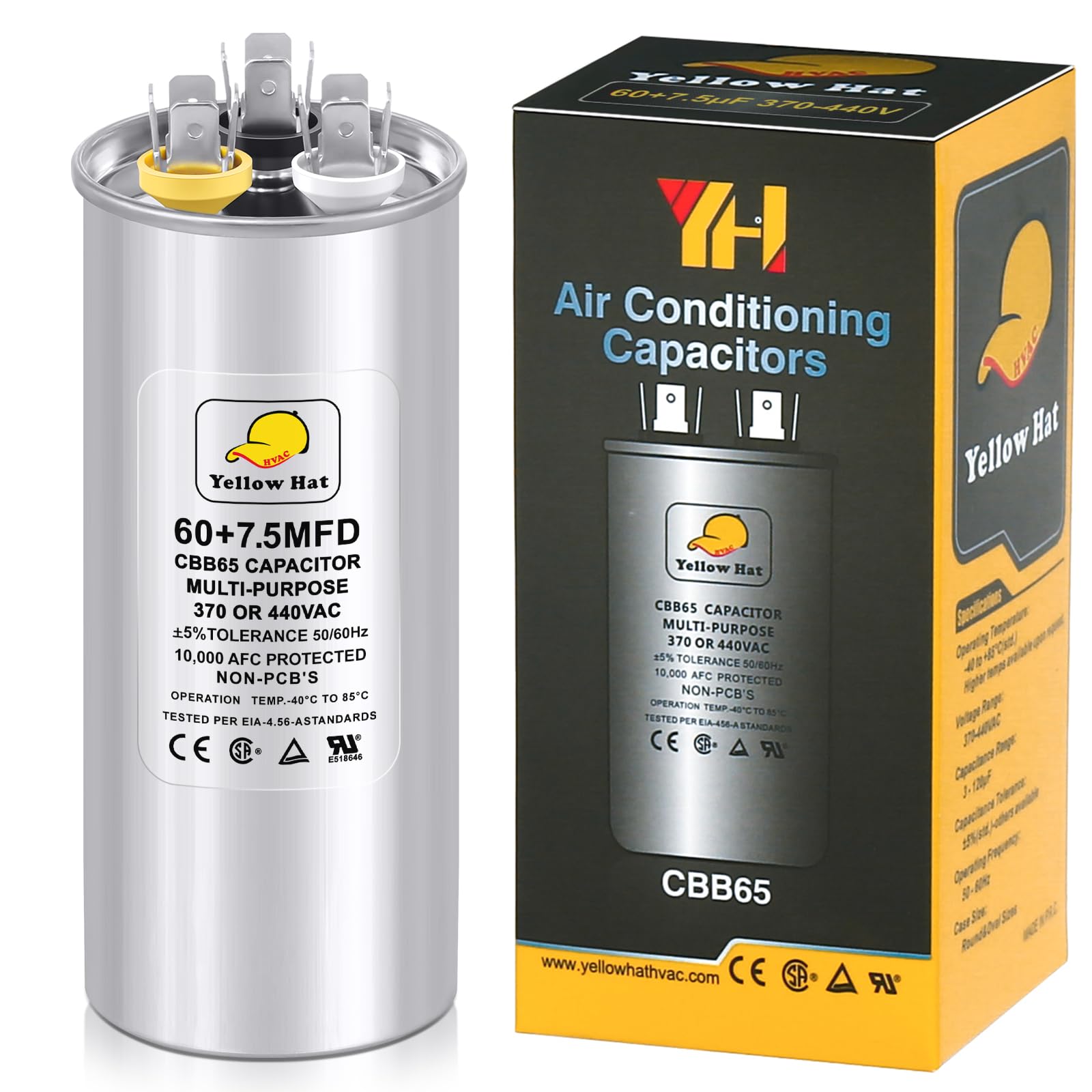 Capacitor for Air Conditioner 60+7.5 uf MFD 370 or 440 Volt VAC, Multi-Purpose Round Capacitor for AC Motor Run or Fan Motor Start or Condenser Straight