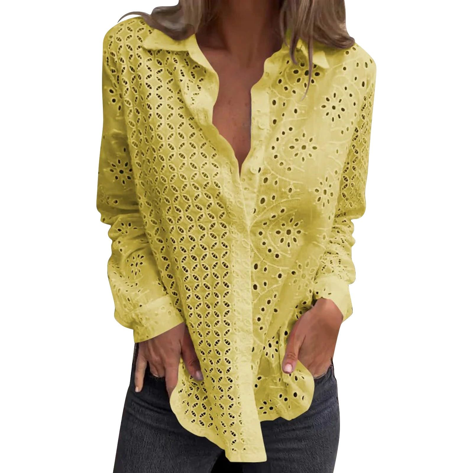 T-shirt en coton pour femme à manches longues et col en V – Chemise blanche à manches longues brodée, tunique avec détails ajourés et broderies, chemisier tendance et de classe, fermeture avant