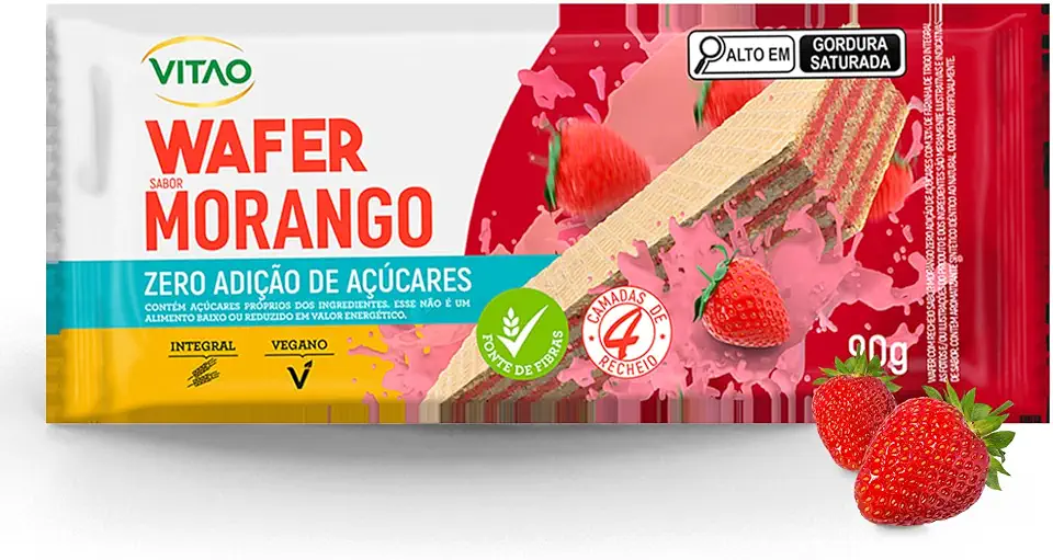 Biscoito Wafer Integral de Morango Zero Açúcar Vitao 90g - Snack Saudável super Crocante com 4 Camadas de Recheio de Morango Fit