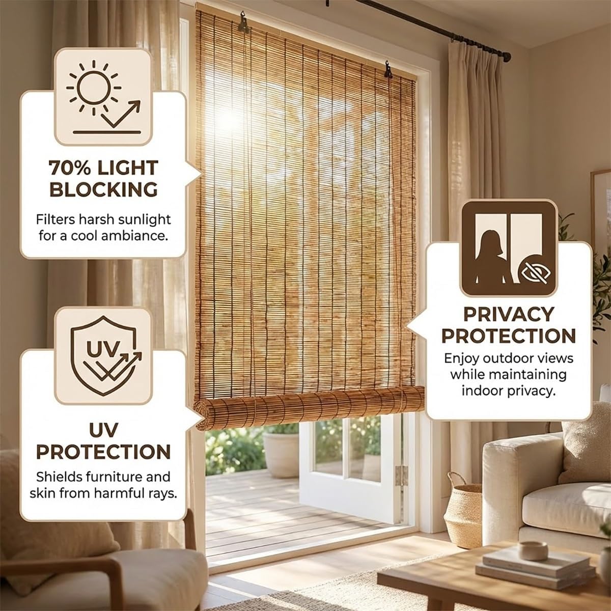 Bamboo Blinds for Windows, Natural Reed Roller Shades Outdoor Patio, Light Filtering Roll Up Blinds for Porch, Backyard, Gazebo, 70% Sun Shade & Privacy Protection, Carbonized Brown(44" W x 72" H)