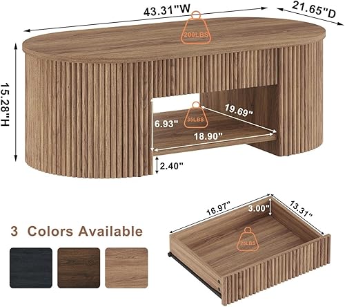 Miniatura 3 de FATORRI Mesa de café para sala de estar con almacenamiento, mesa central moderna de madera con cajón, mesas de sala de estar ovaladas de estilo