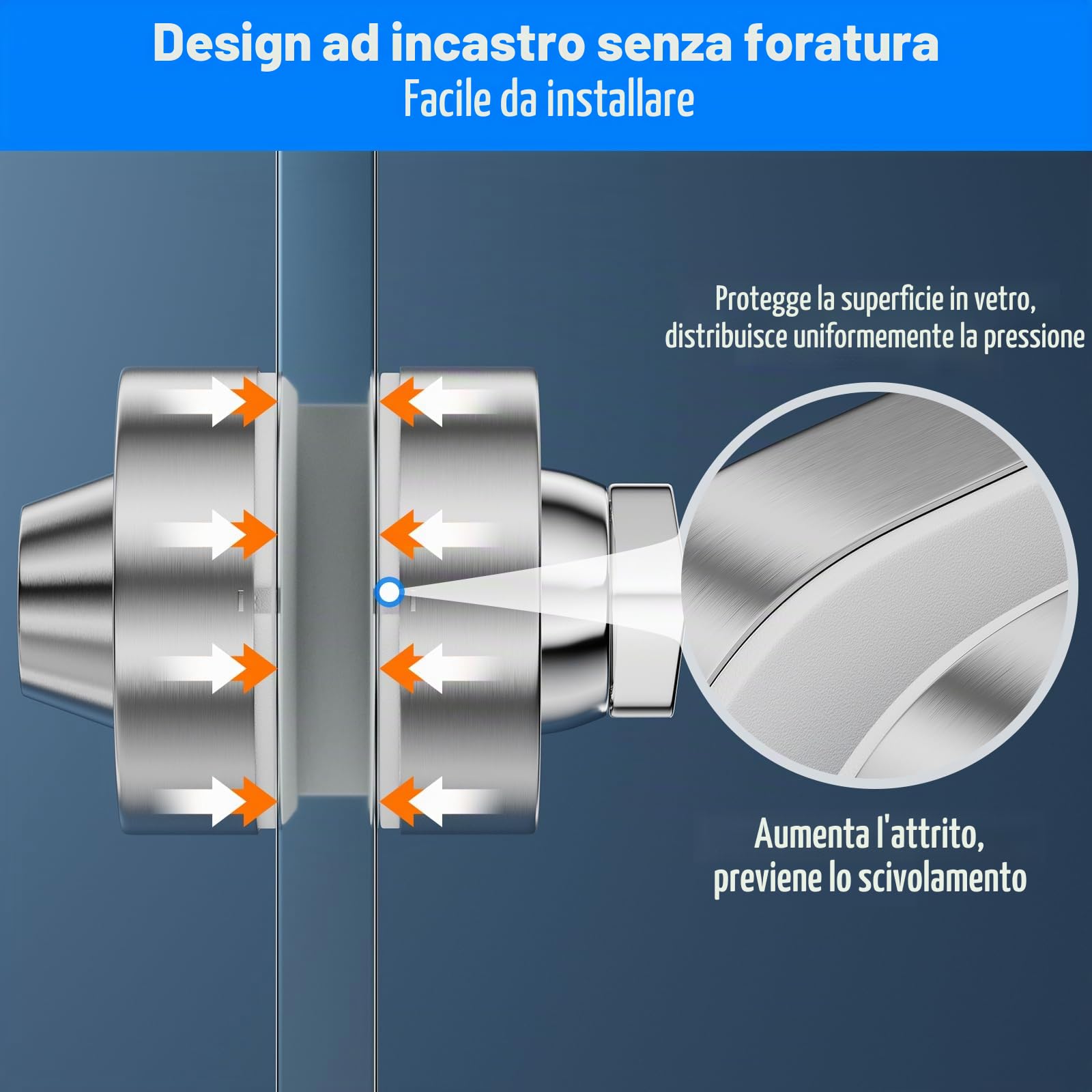 Serratura per porta in vetro senza fori, finitura in nichel spazzolato, con chiave e pomello, compatibile con vetro temperato 10-12 mm, installazione rapida, design moderno, acciaio inox 304.