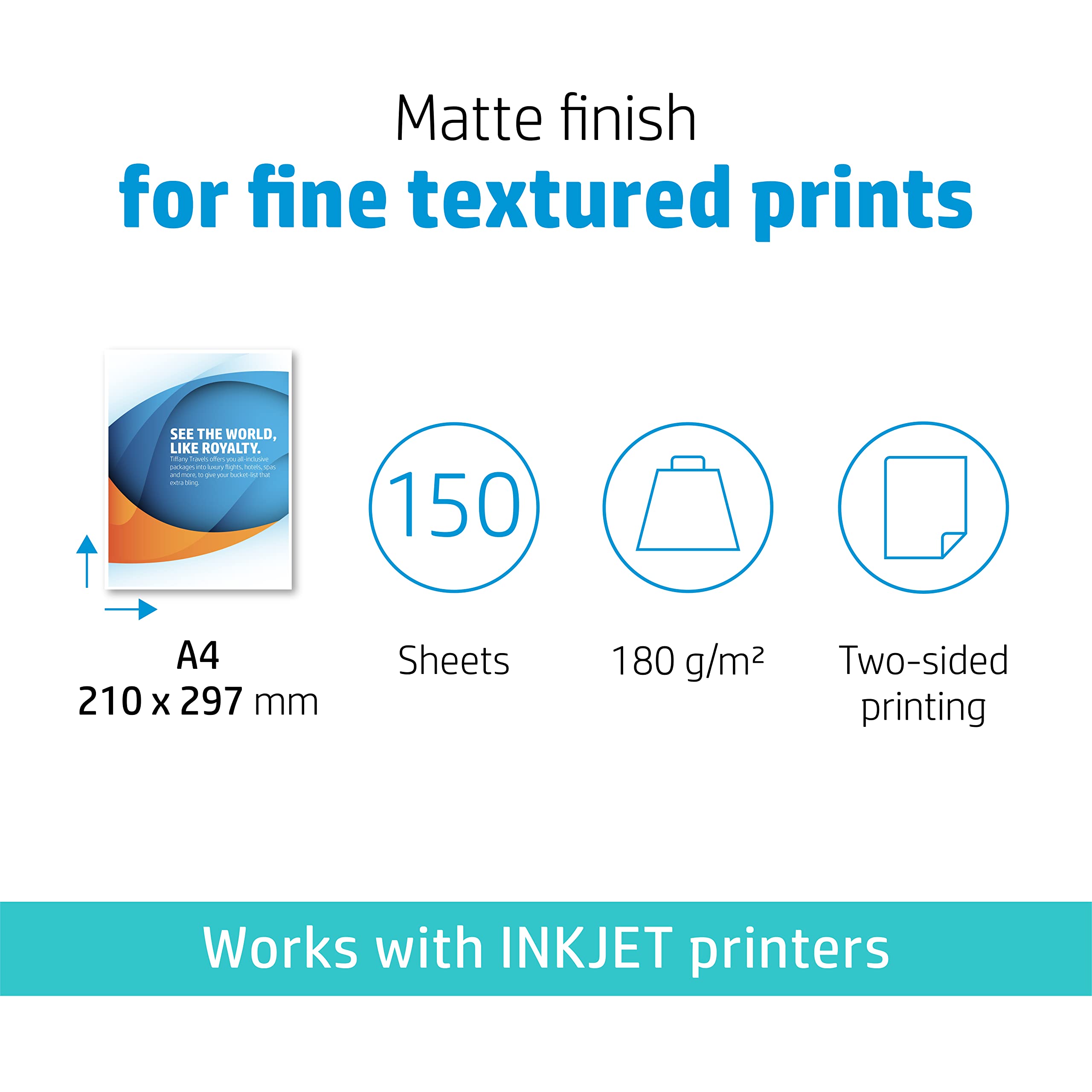 HP Professional Business Photo Paper, 7MV79A, 150 hojas de papel fotográfico mate avanzado, compatible con impresoras de inyección de tinta y PageWide, A4, peso del material de impresión 180 g/m²