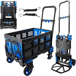 2 in 1 Folding Hand Truck with Basket, Heavy Duty Dolly Cart with Retractable Handle 330LBS Capacity, Convertible Hand Truck Dolly with 4 Rubber Wheels, Platform Cart for Luggage Warehouse Moving