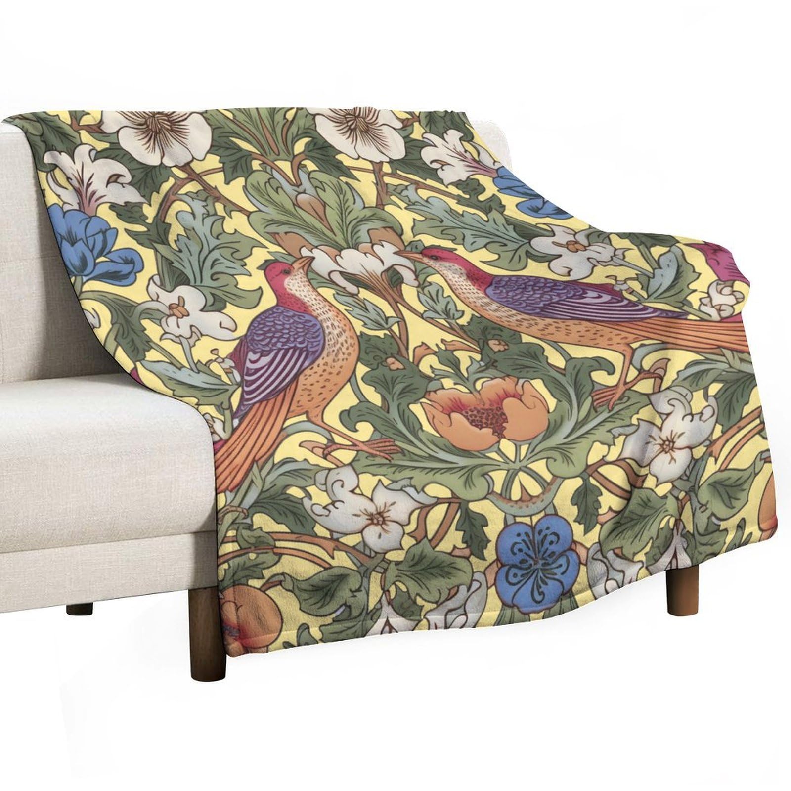 Yaxinduobao Style-15 Vintage Bird Flannel Blanket Willi-Am Morri Floral Design Strawberry Thief Vintage Yellow Background Living Room Sofa Decorated Thermal Blanket 60"X80"
