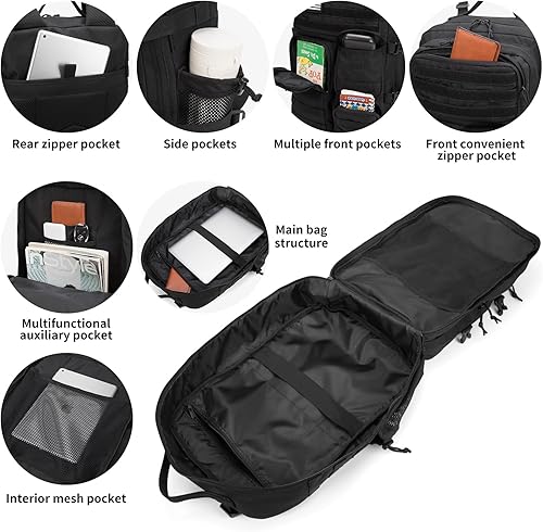 Miniatura 6 de Wotony Mochila táctica para hombre, mochila impermeable militar con múltiples bolsillos y equipo táctico para aventuras al aire libre, Negro -,