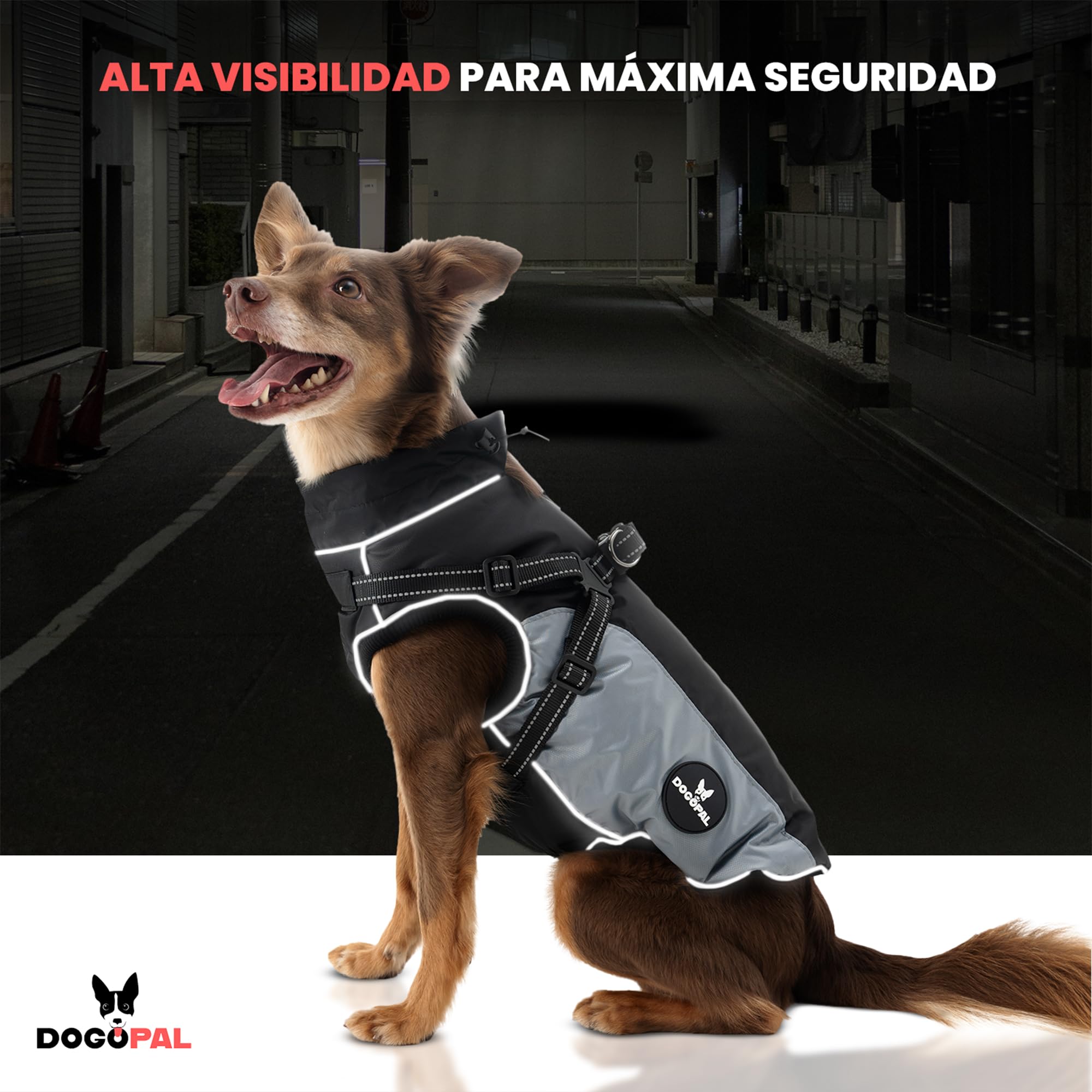 DOGOPAL Abrigo Impermeable para Perros con Arnés Integrado – Chaqueta Reflectante, Cortavientos y Cálida para Perros Pequeños, Medianos y Grandes (Gris, 55)