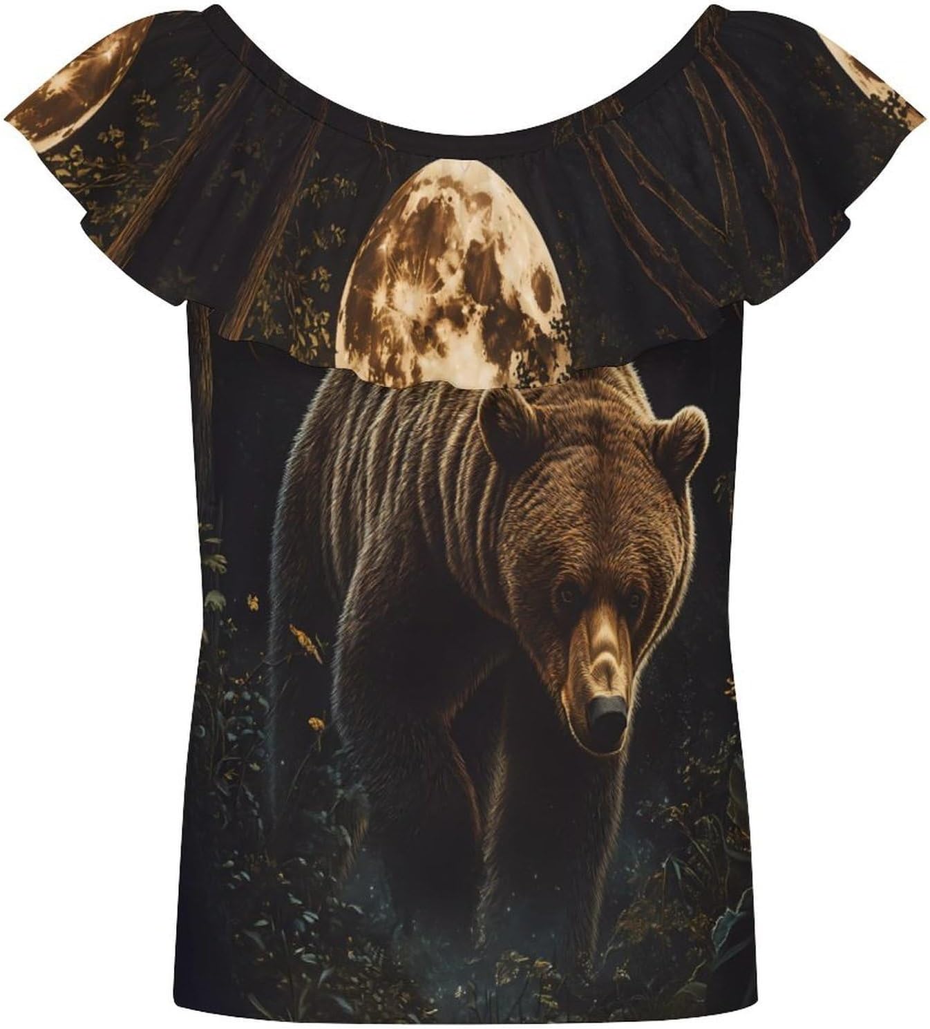 Bear Walking Through Forests Girls T-Shirts Top Ruffle Short Sleeve Blouse Casual Graphic Tees