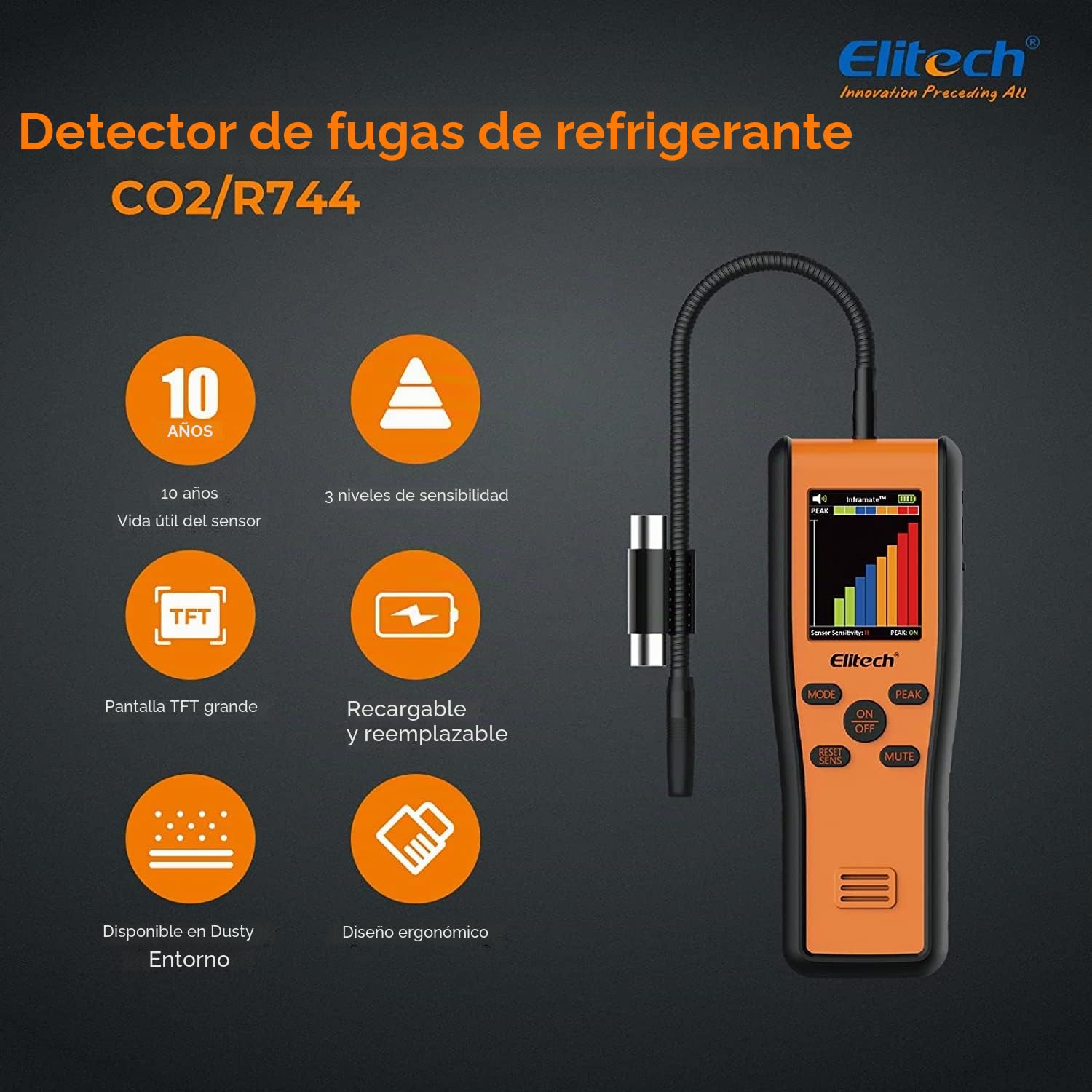 Elitech Detector De Refrigerante De R744 CO₂ Infrarrojo - Monitor Portátil De Dióxido De Carbono De Alta Precisión para Sistemas HVAC con Alarma