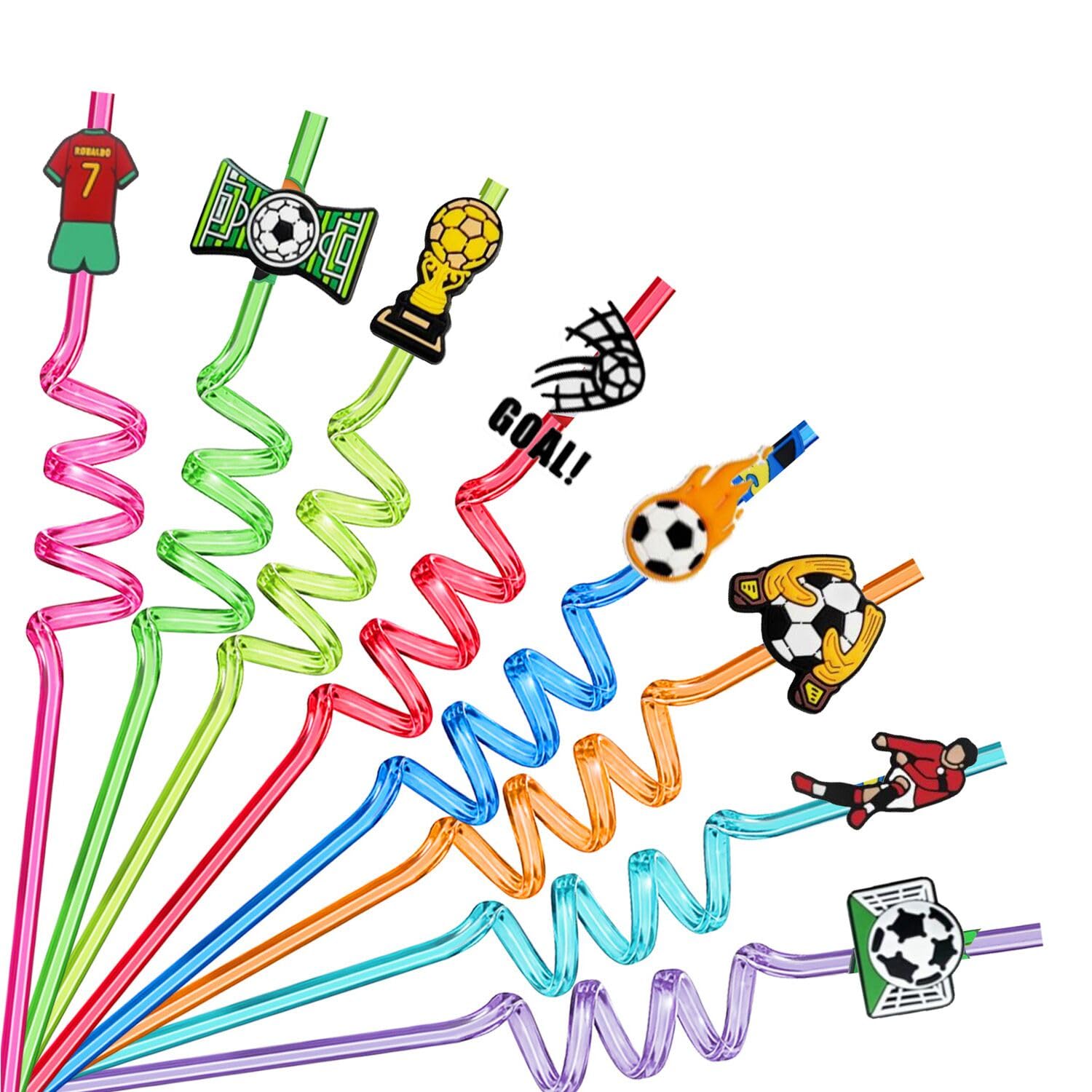 Ynaice 8 Pieces Reusable Drinking Straws Cocktail Plastic Straws Football Straw Soccer Party Straws Colourful Curly Straw for Kids Boys Adults Favors Decorations Party Supplies