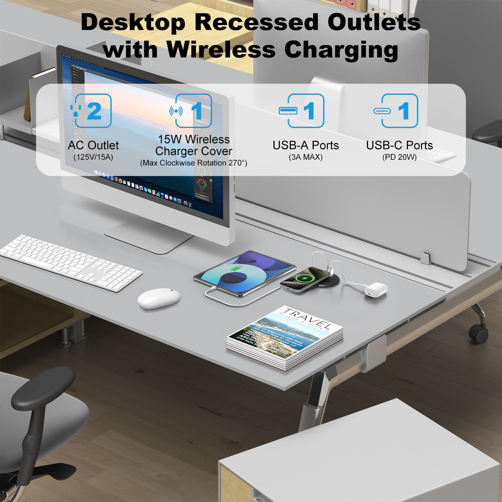 3 Inch Desk Power Grommet with 15W Wireless Charger, 20W USB-C Fast Charging Countertop Grommet Recessed Mount Power Outlet, with AC Outlets and 6ft Extension Cord