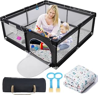 Play Pen with Soft Mat,Safe Playpen for Babies and Toddlers,Easy to Install Play Yard with Mat, Sturdy Baby Play Pin with Gate(Black, 50"x50")