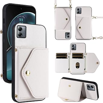 حافظة محفظة بسيطة لهاتف Motorola Moto G14 مع حزام كتف،و6 فتحات للبطاقات، ومحفظة رفيعة ونحيفة قابلة للطي، وحامل بطاقة ائتمان من جلد البولي يوريثان، وإكسسوارات غطاء الهاتف الخليوي لهاتف MotoG14 G 14 للنساء باللون الأبيض