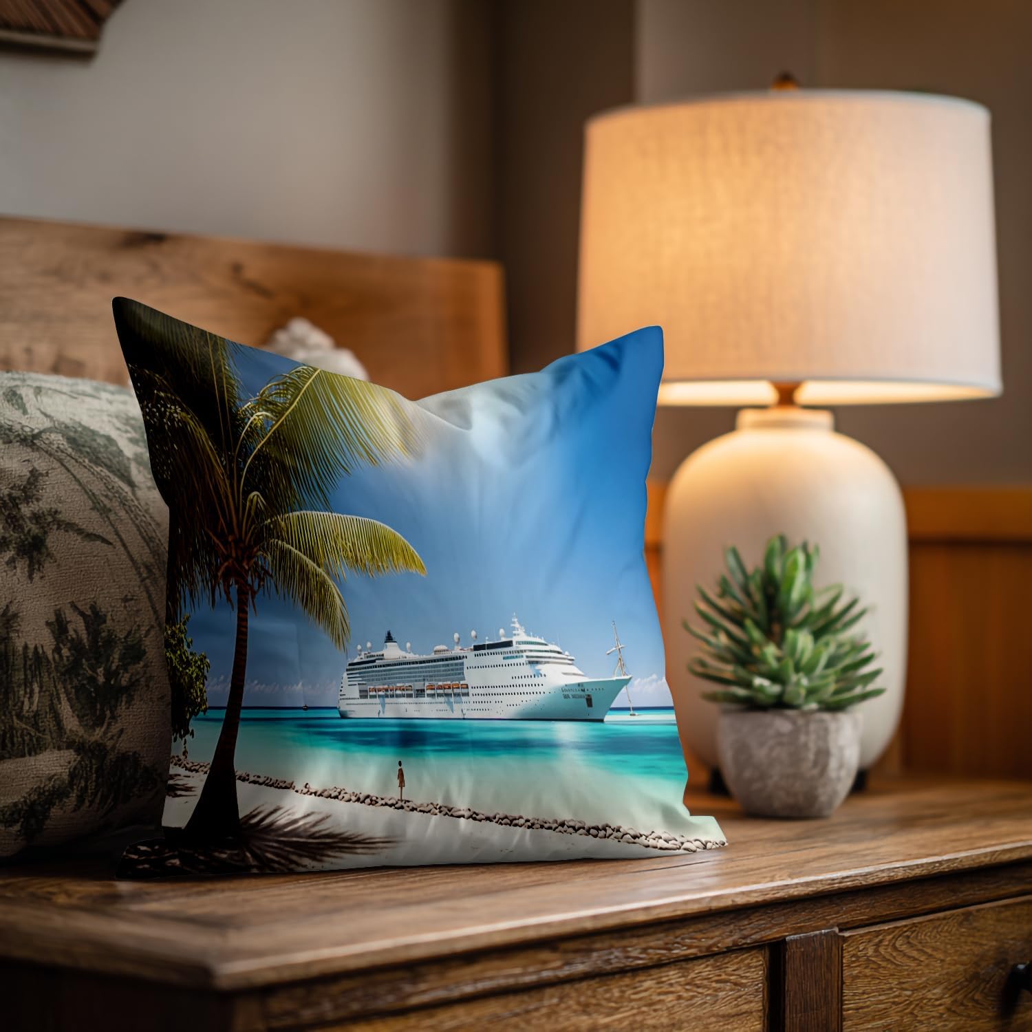 Shrahala Cruise Ship Beach Pillowcases, Nature Palm Tree Blue Sky Ocean Caribbean Lumbar Pillow Cover Decorative Blended Double-Sided No Inserts for Bedroom Sofa Living Room Set of 2 (26 X 20 in)