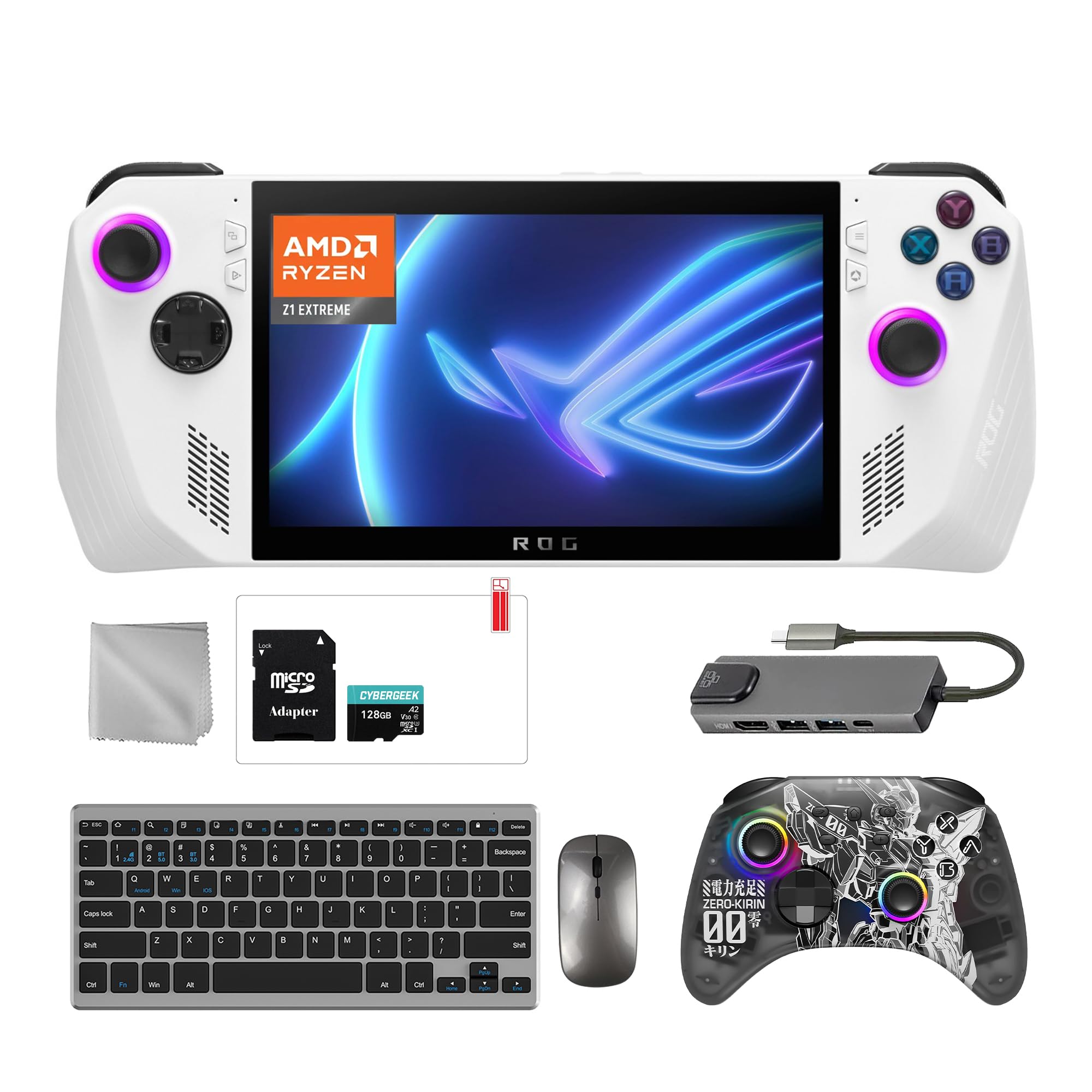 ASUSROG Ally 2TB SSD Gaming Handheld 7-inch Touchscreen 120Hz FHD 1080p AMD Ryzen Z1 Extreme Processor, Zero-Kirin Wireless Pro Controller, Hub, 128GB MicroSD, Keyboard & Mouse, 8 in 1 Bundle