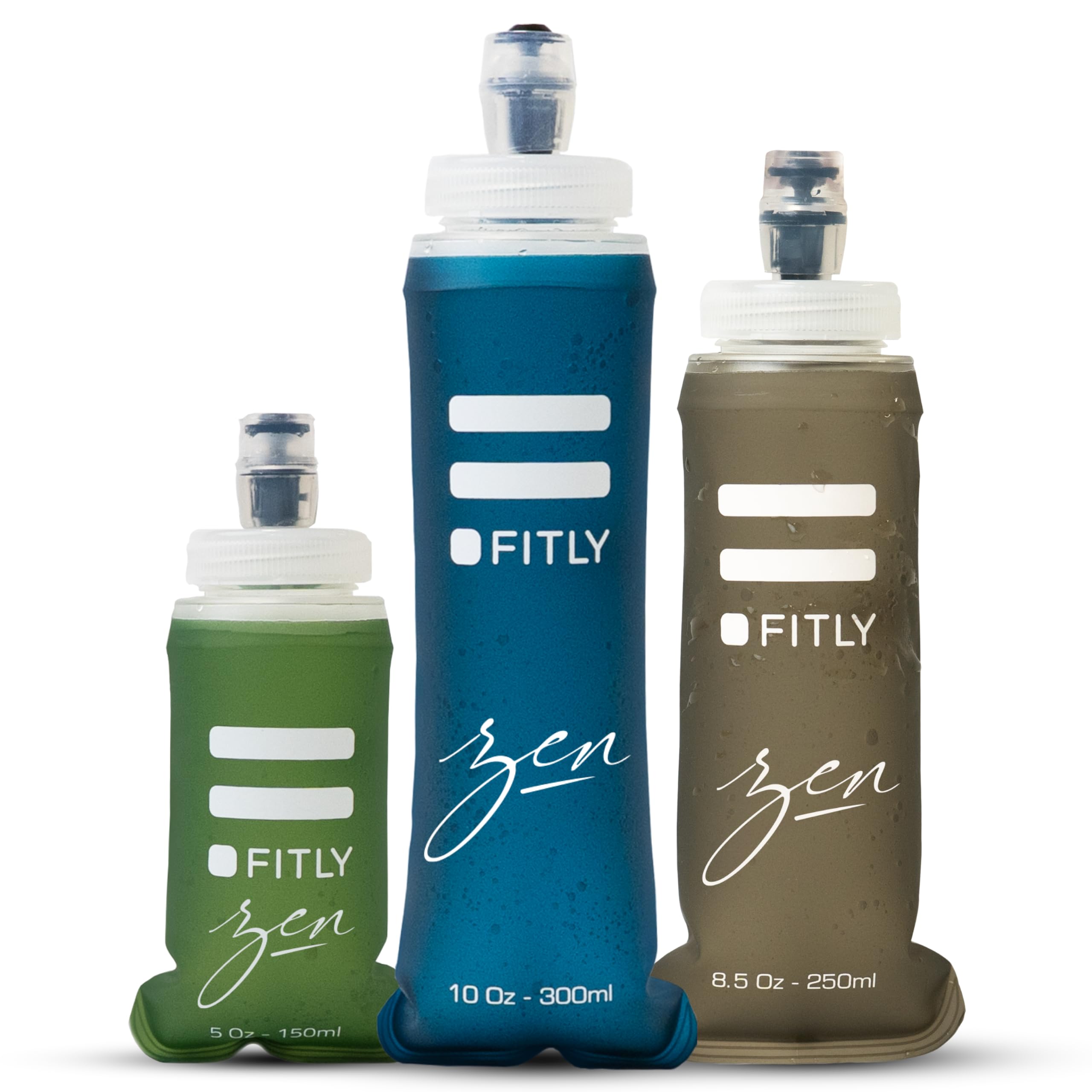 FITLY FLASKS Combo – 3 Soft Flasksfor Hydration While Running Hiking Cycling Climbing - Collapsible Water Bottles (5-8.5 - 13.5 oz, 150-250 - 400 ml)
