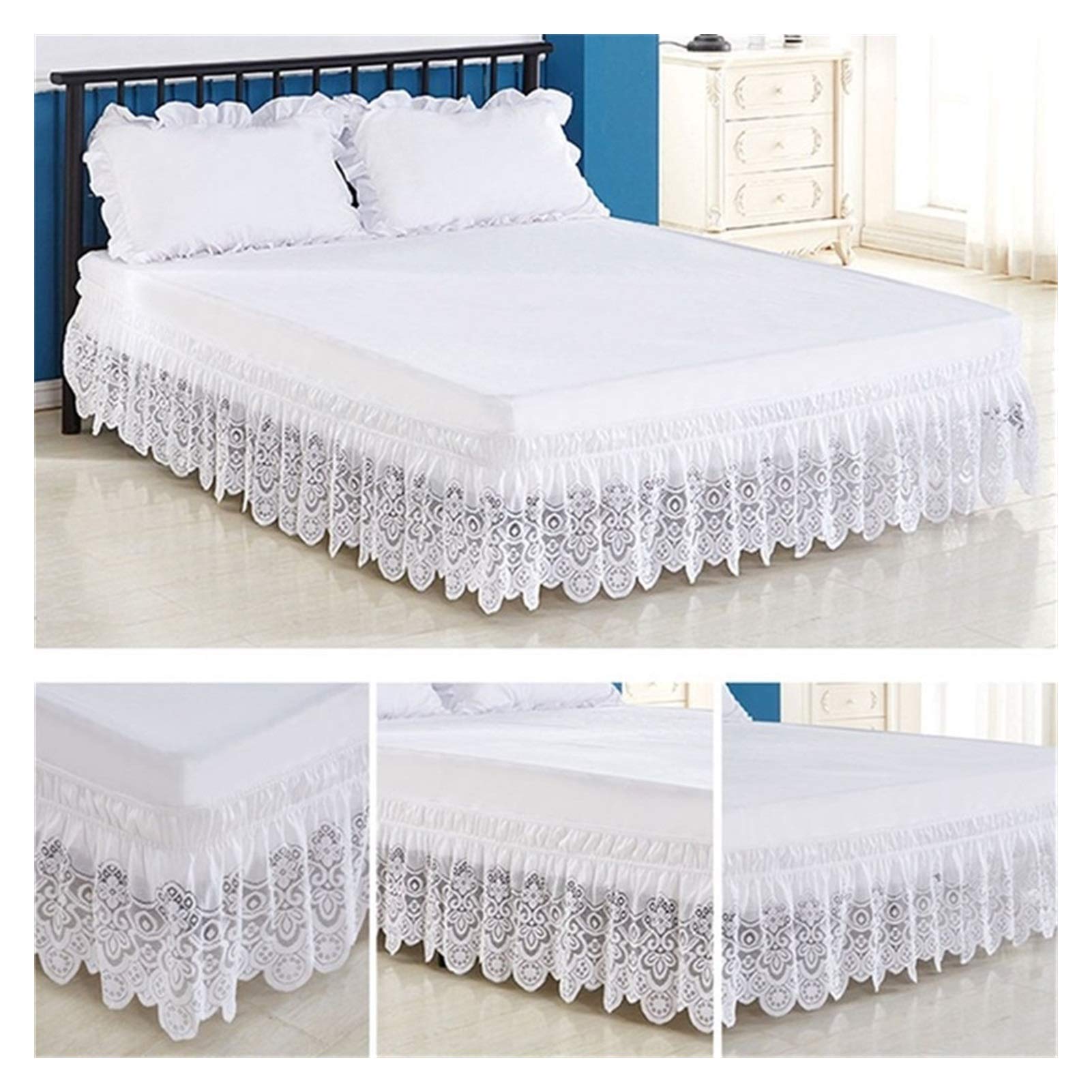 Giroletto,Gonna Letto Gonna da letto elasticizzata con rifiniture in pizzo bianco, 4 misure, senza pieghe e polvere, può essere utilizzata for biancheria da letto semplice e delicata in camera doppia(