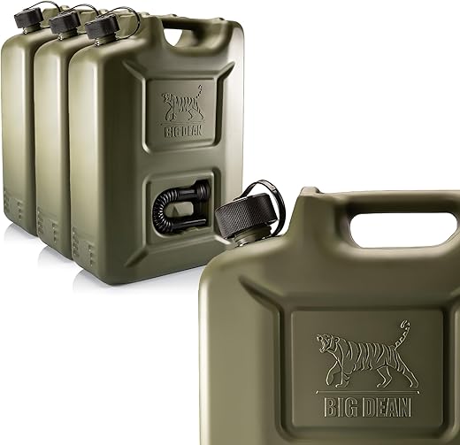 BigDean 3 Stück Benzinkanister 20L in Olivgrün mit flexiblem Ausgießer – Kraftstoffkanister für Benzin & Diesel – Kanister Dieselkanister Reservekanister – Made in Germany