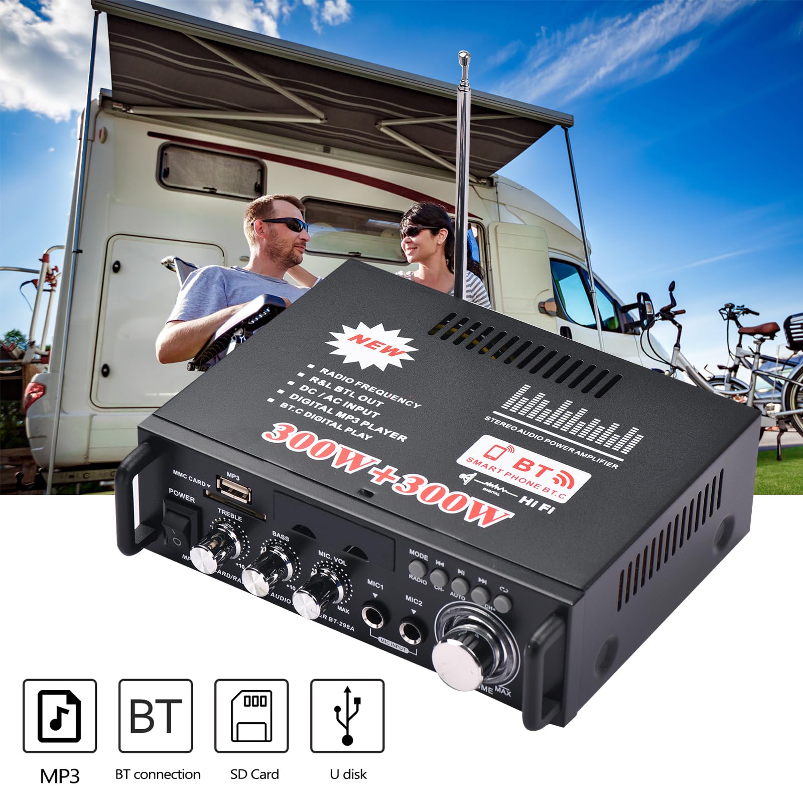 Docooler 12 V/220 V Mini Pantalla LCD de 2 CH HiFi Audio Estéreo Amplificador de Potencia BT FM Radio Portátil Auto Home 600 W, Mando a Distancia Audio Amplificador