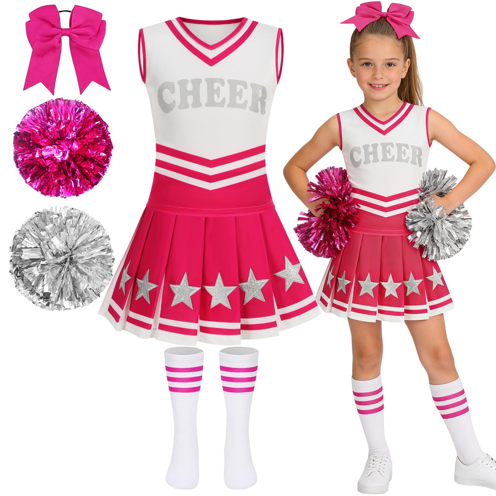 Girls Cheerleader Costume 5 PCS Shiny Star Style Kids Cheerleader Outfit with Pull Ring Pom Poms, Top, Skirt