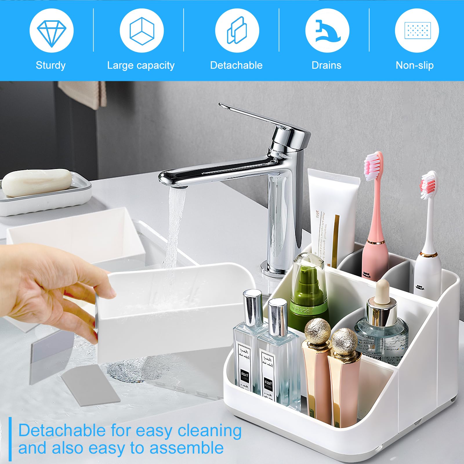 Soporte para cepillo de dientes para baño, desmontable para una fácil limpieza, organizador de almacenamiento multifuncional para encimera, 6 ranuras para cepillo de dientes eléctrico y pasta de