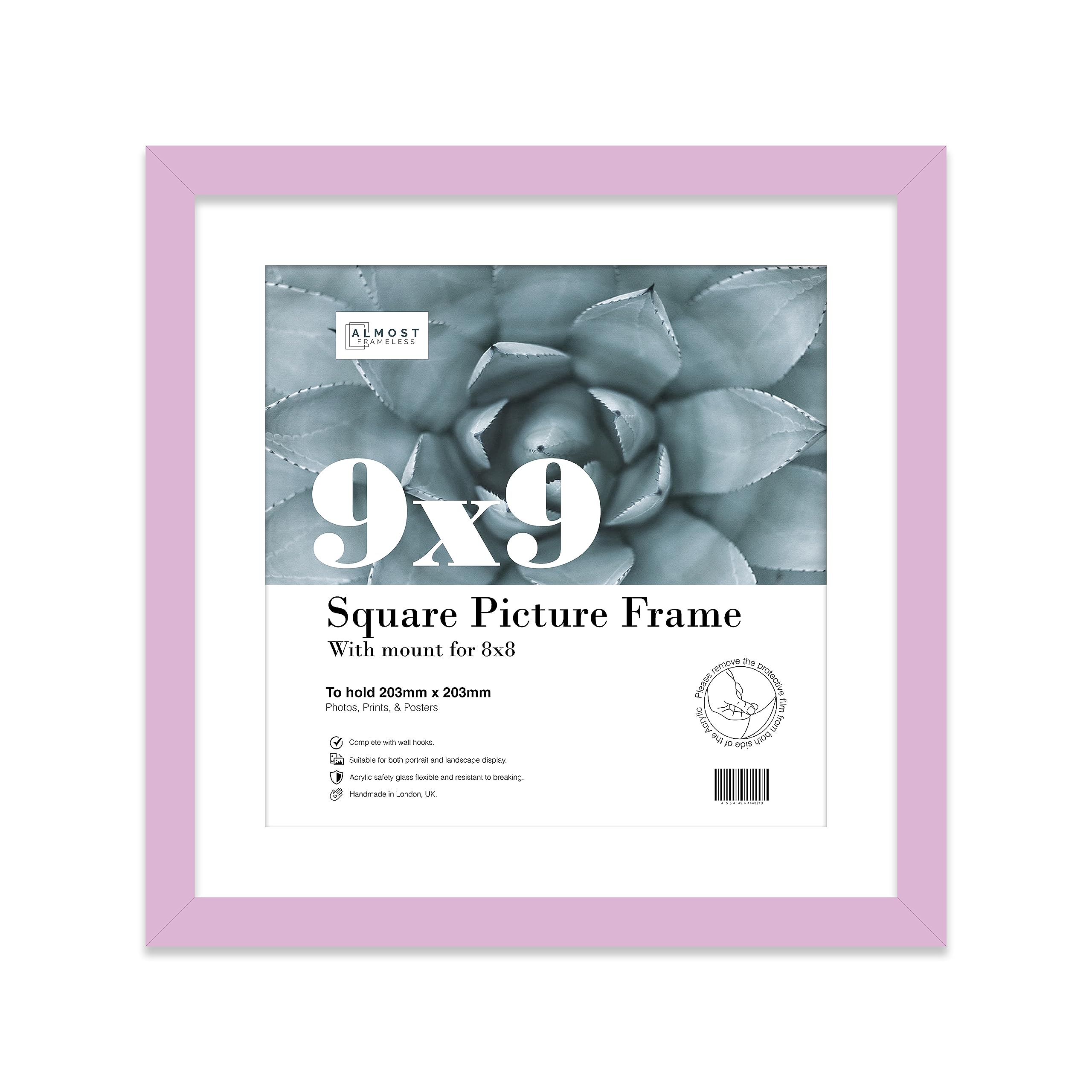 Almost Frameless 9x9 Picture Frame, Display Pictures 8x8 With Mat or 9x9 Without Mat, Wall Hanging & Free Standing Photo Frame, Lilac, 1 Pack