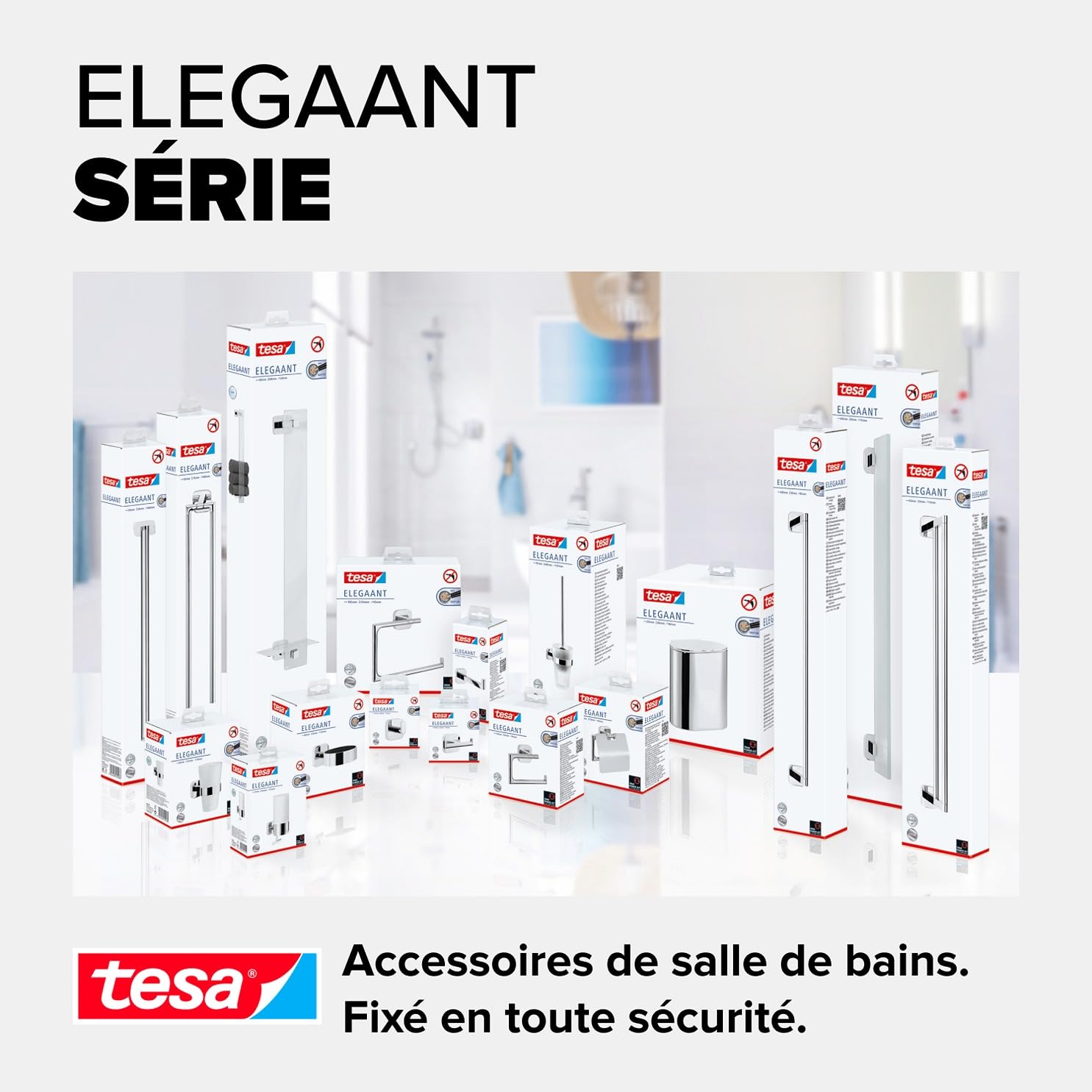 tesa® Smooz support serviette salle de bain, finition brillante métal chromé, adhésif, technologie sans percer