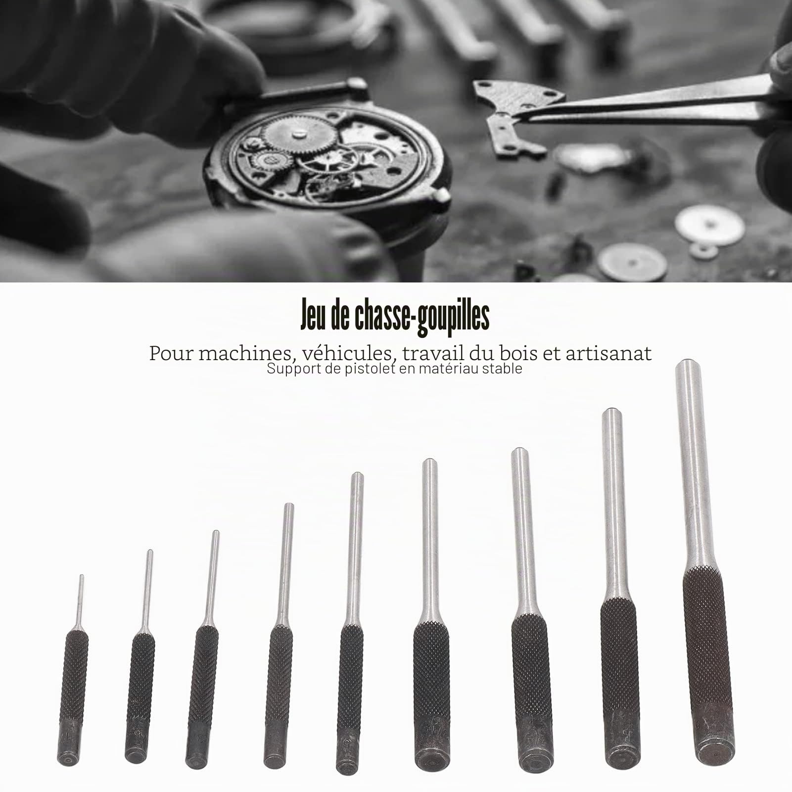 Fyearfly Chasses Goupilles, Jeu de poinçons pour goupilles roulantes Poignée moletée Outil de réparation en Acier Inoxydable pour l'armurerie