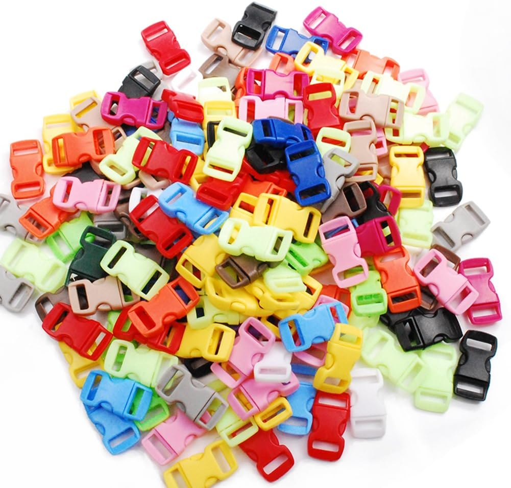 CooBigo 100 Pack Assorted Clear Colorful 3/8" Curve Contoured Side Release Buckle for Parachute Paracord Bracelet Pets Collar
