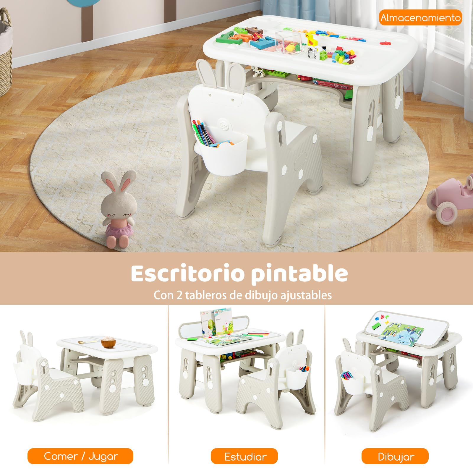 COSTWAY Juego de Mesa y Silla para Niños, Mesa de Arte Infantil con Silla y Estante, Tapa Abatible, Pizarra Magnética Borrable, Mesa de 3 Altura Ajustable para Dibujar, Incluye Accesorios (Gris)