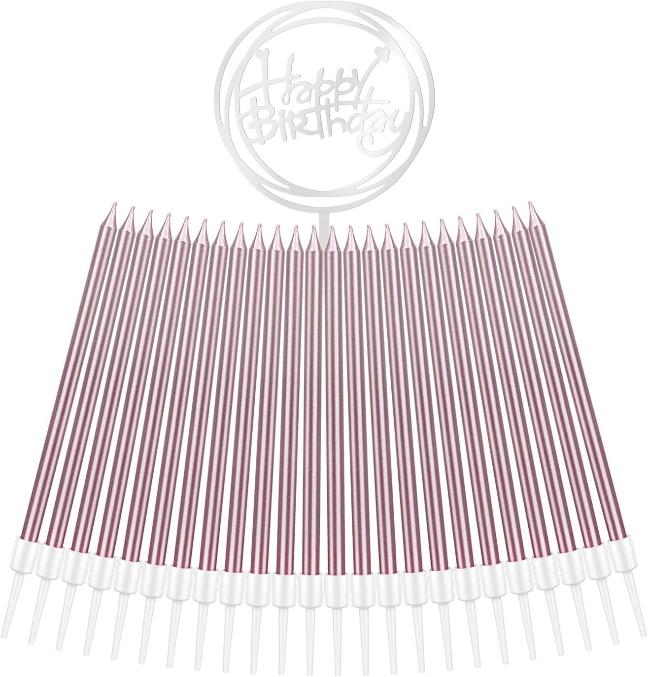 Gesentur Birthday Candles 24 Count Long Thin Cake Candles in Holders with Happy Birthday Cake Topper for Birthday Wedding Christmas Cupcake Decoration, Rose
