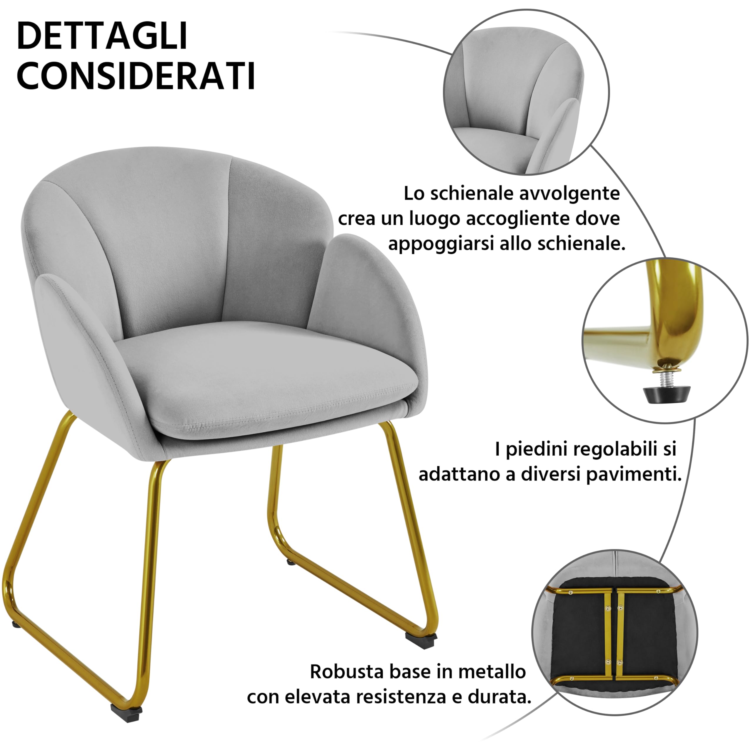 Yaheetech Poltroncina Camera da Letto Salotto Poltrona Soggiorno Imbottita Alta Moderna Ergonomica in Velluto con Schienale Circolare Braccioli Gambe in Metallo Portata 136 kg Grigio