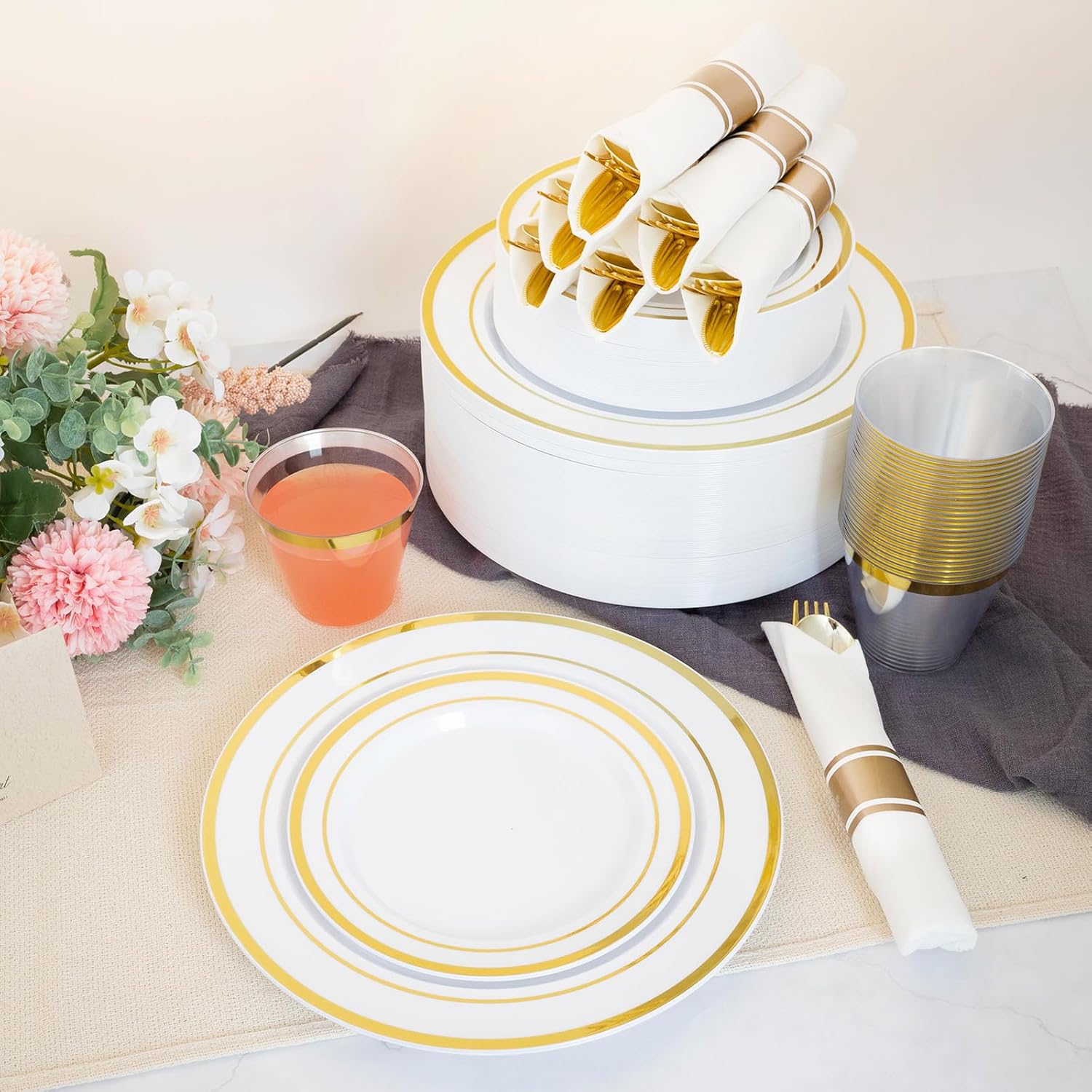 N9R 350 PCS Gold Plastic Dinnerware Set for 50 Guests, Gold Plastic Plates, Disposable Plate for Party, Include: 50 Dinner & Dessert Plates, 50 Pre Rolled Napkins with Silverware and 50 Cups - Image 5
