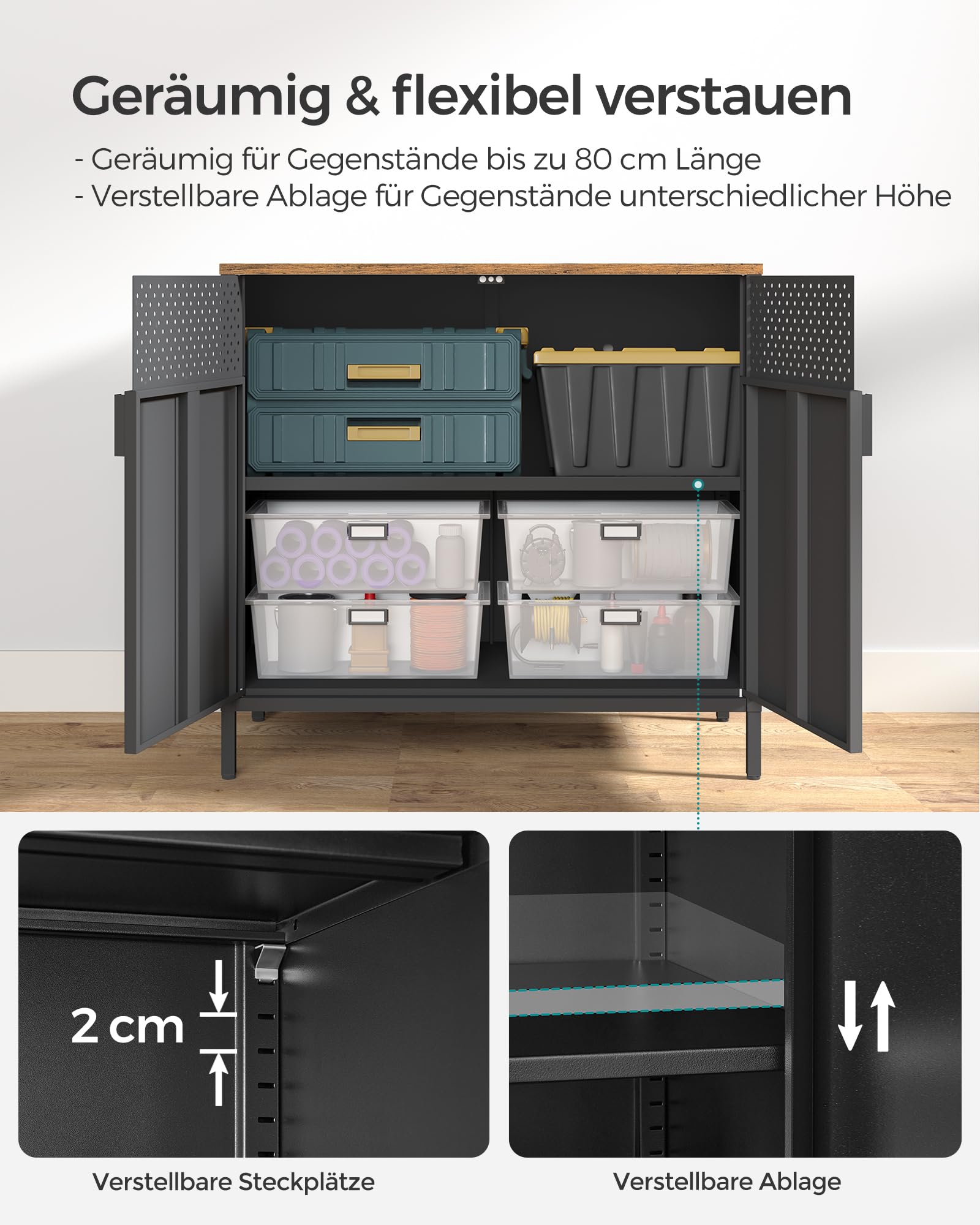 SONGMICS Aufbewahrungsschrank, Metallschrank, mit Doppeltür, Magnetverschluss, Verstellbarer Einlegeboden, Stahlgestell, 40 x 80 x 76 cm, vintagebraun-schwarz LSC102B01
