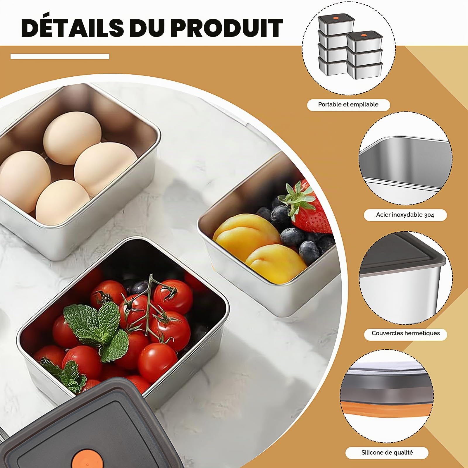 Lot de 10 boîtes de conservation avec couvercles,600 ML Boîtes de conservation en acier inoxydable, réutilisables pour congélation, boîtes de stockage, boîtes de rangement pour la cuisine