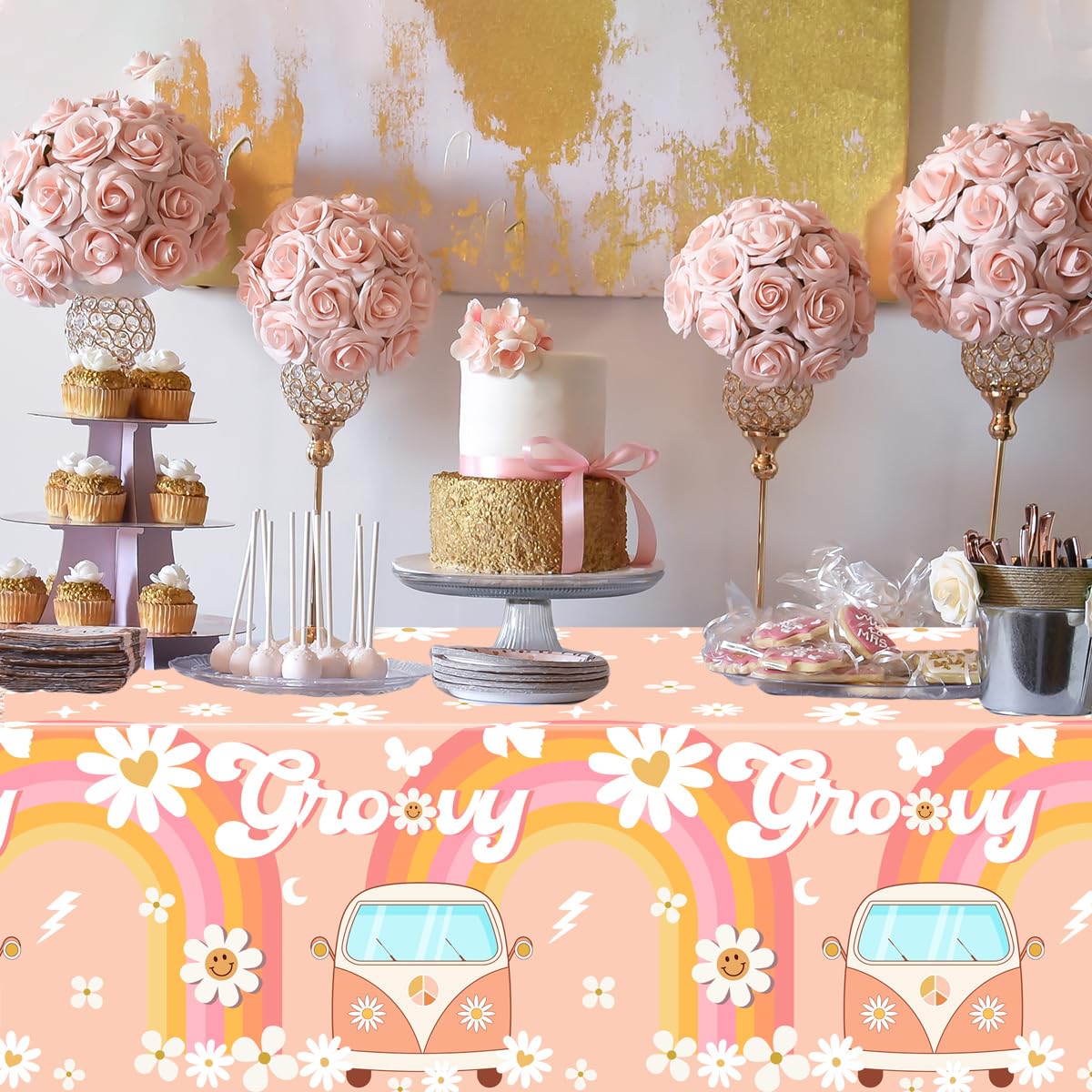 Disposable Groovy Party Tablecloths - 3 Pack, 54x108 Inches, Daisy Rainbow Hippie Boho Theme For Birthday & Decor