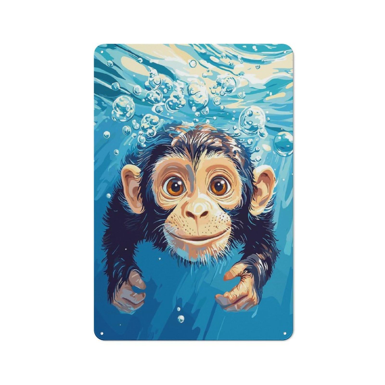 Junmoney Style-22 Tin Wall Plaque 30X20cm With Monkey Swimming Underwater With Bubbles For Home Office Or Studio, For Metal Sign Collectors, For Garage And Workshop Walls