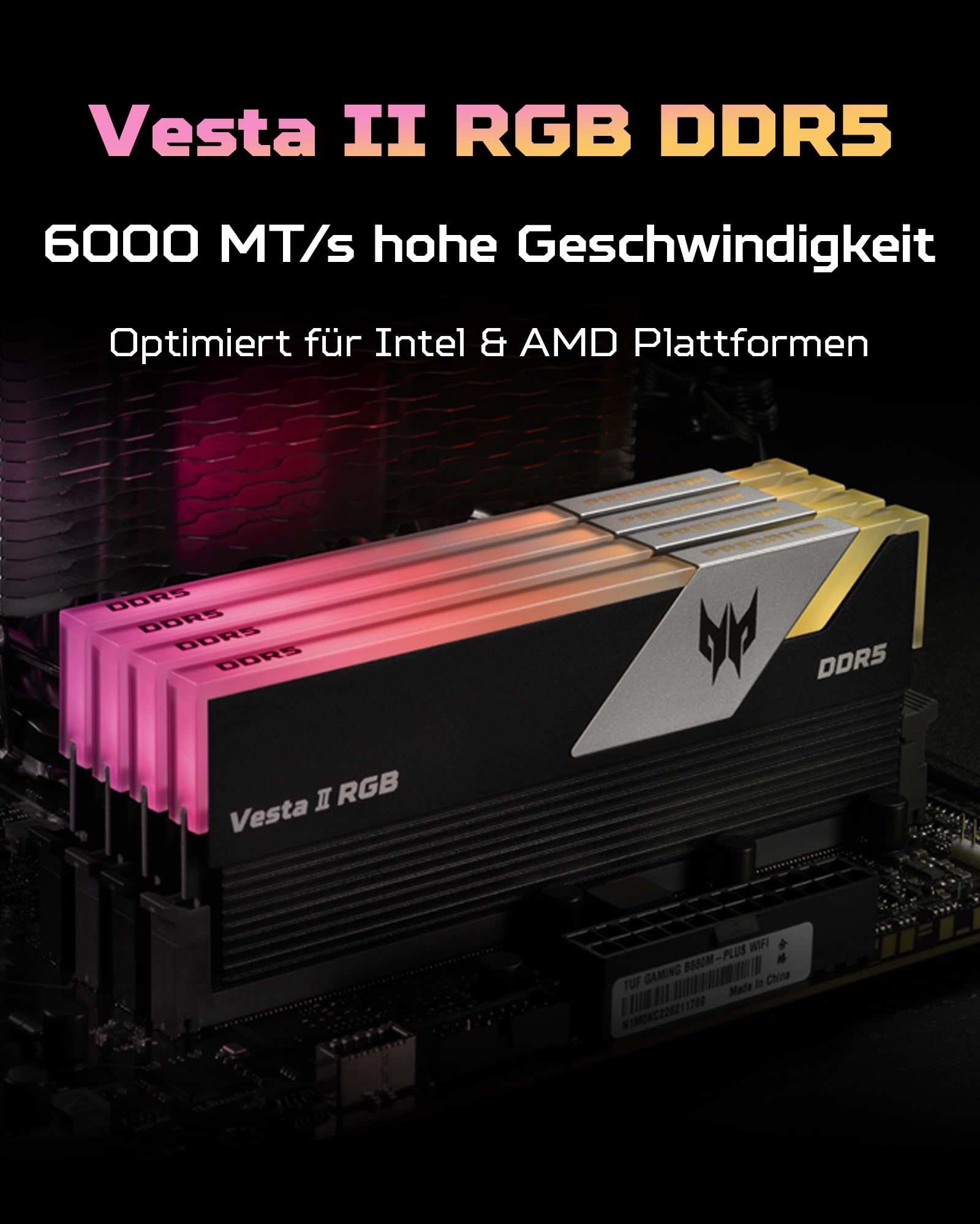 Acer Predator Vesta II DDR5 RGB RAM 32GB (16GBx2) CL36 bis zu 6000MHz - Intel XMP 3.0 & AMD EXPO - PC Computer Gaming Arbeitsspeicher (Schwarz)