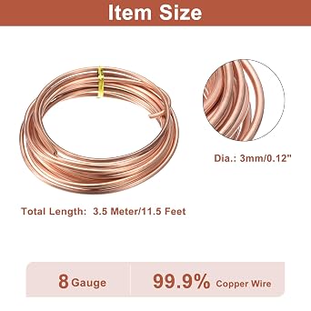 sourcing map Soft Copper Wire (8 Gauge, 11.5 FT), 99.9% Pure Bare Copper Wire 3mm Solid Craft Wire for DIY Crafting Gardening Decoration (3.5Meter)