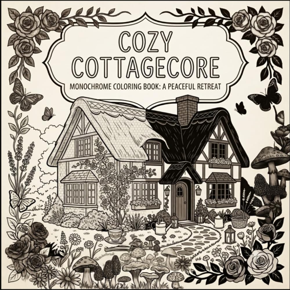 Cozy Cottagecore Monochrome Coloring Book: 30 Cozy Cottage Scenes with Simple Monochrome Shading for Relaxing Creative Coloring
