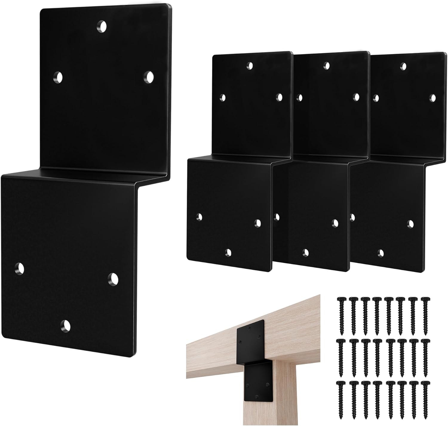 4pcs Z Brackets Black, Deck Joist Tie Plate Heavy Duty Steel 5'' x 5'' Z-Shape Connector Double Angle Channel Corner Brace Fit Beam Support Pergola Wood Shelves Fixing, Thickness 3 mm