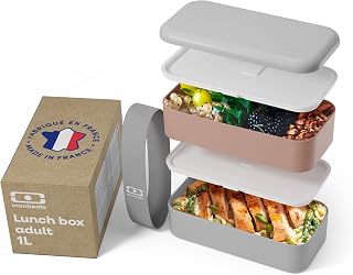monbento Lunch Box Original Pink/Grey - Foldable Micro Lunch Box - 2 Tier Hermetic Lunch Box - Perfect for Work/Picnic - BPA-Free - Made in France - Pink & Grey