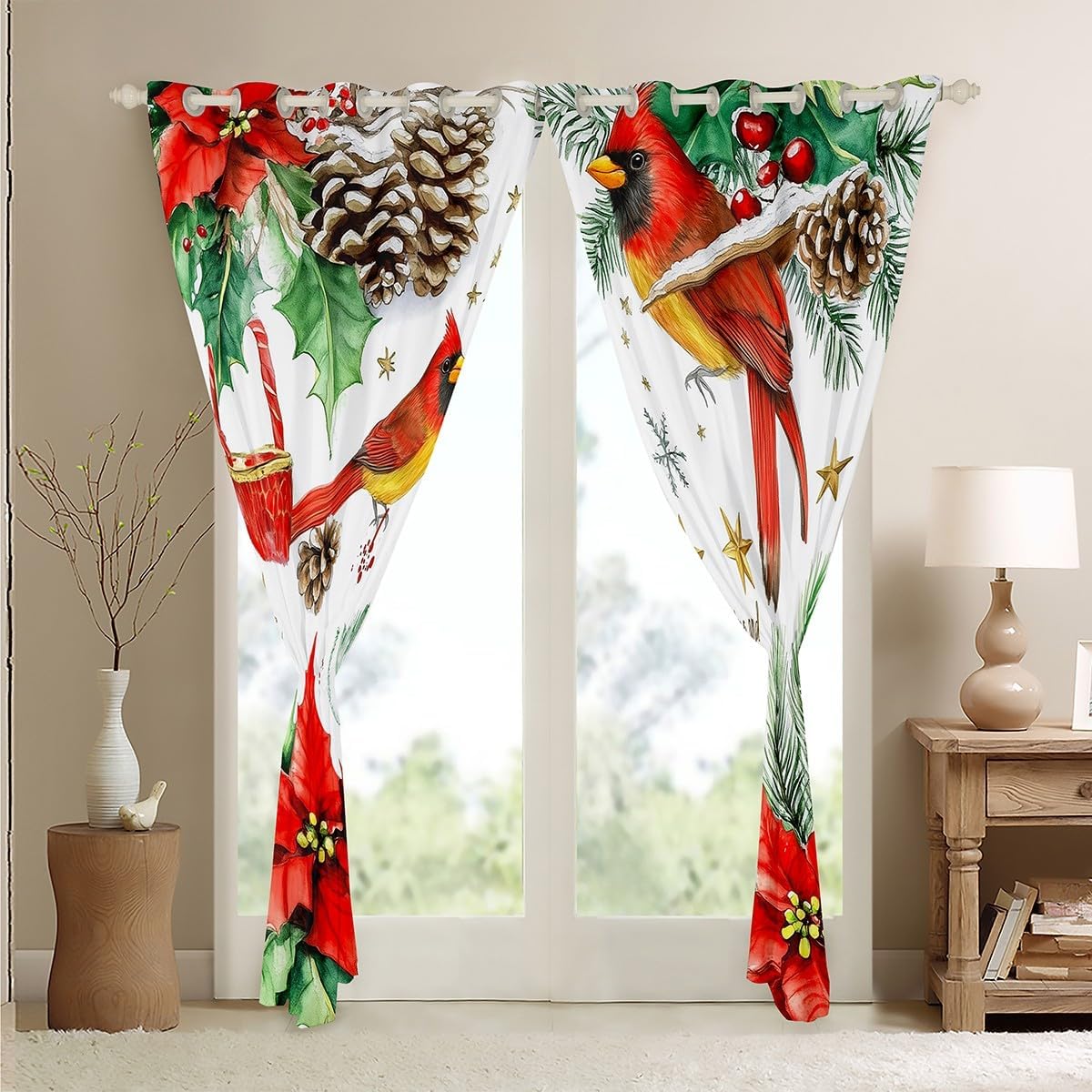Feelyou Christmas Birds Blackout Curtains, Red Birds Darkening Drapes for Bedroom for Kids Boys Girls Winter Window Curtains Wildlife Living Room Window Treatments (2 Panels, 42 x 63 Inch)