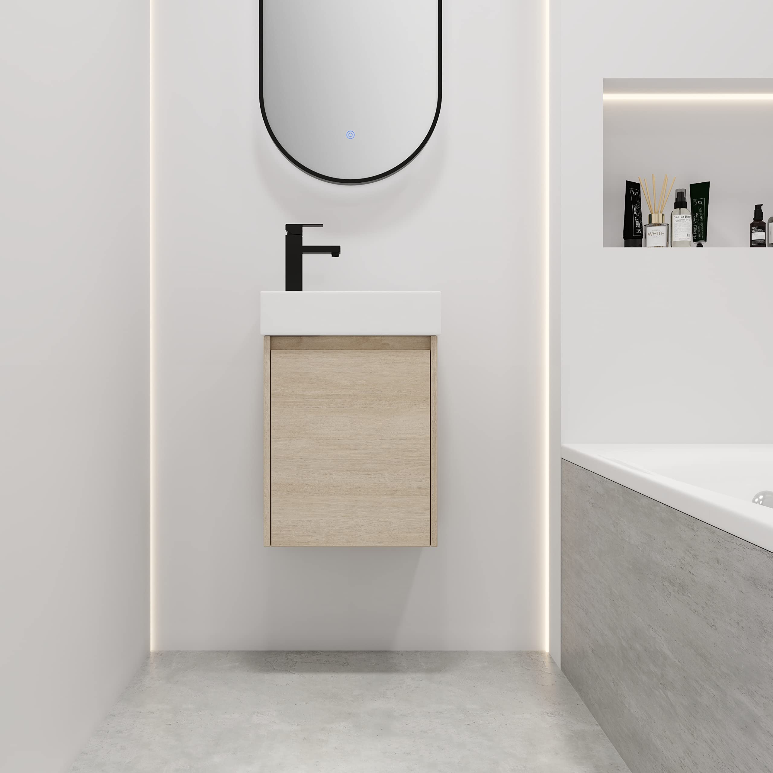 HomSof Floating Vanity with Single Sink,Soft Closing Doors, Suitable for Small Bathrooms, 16 Inch, Plain Light Oak