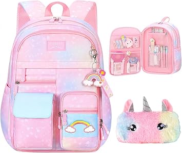 Girls Gradient Rainbow Backpack,Cute Student School Backpack With Pen Bag,Starry Rainbow Laptop Travel Bag-Pink