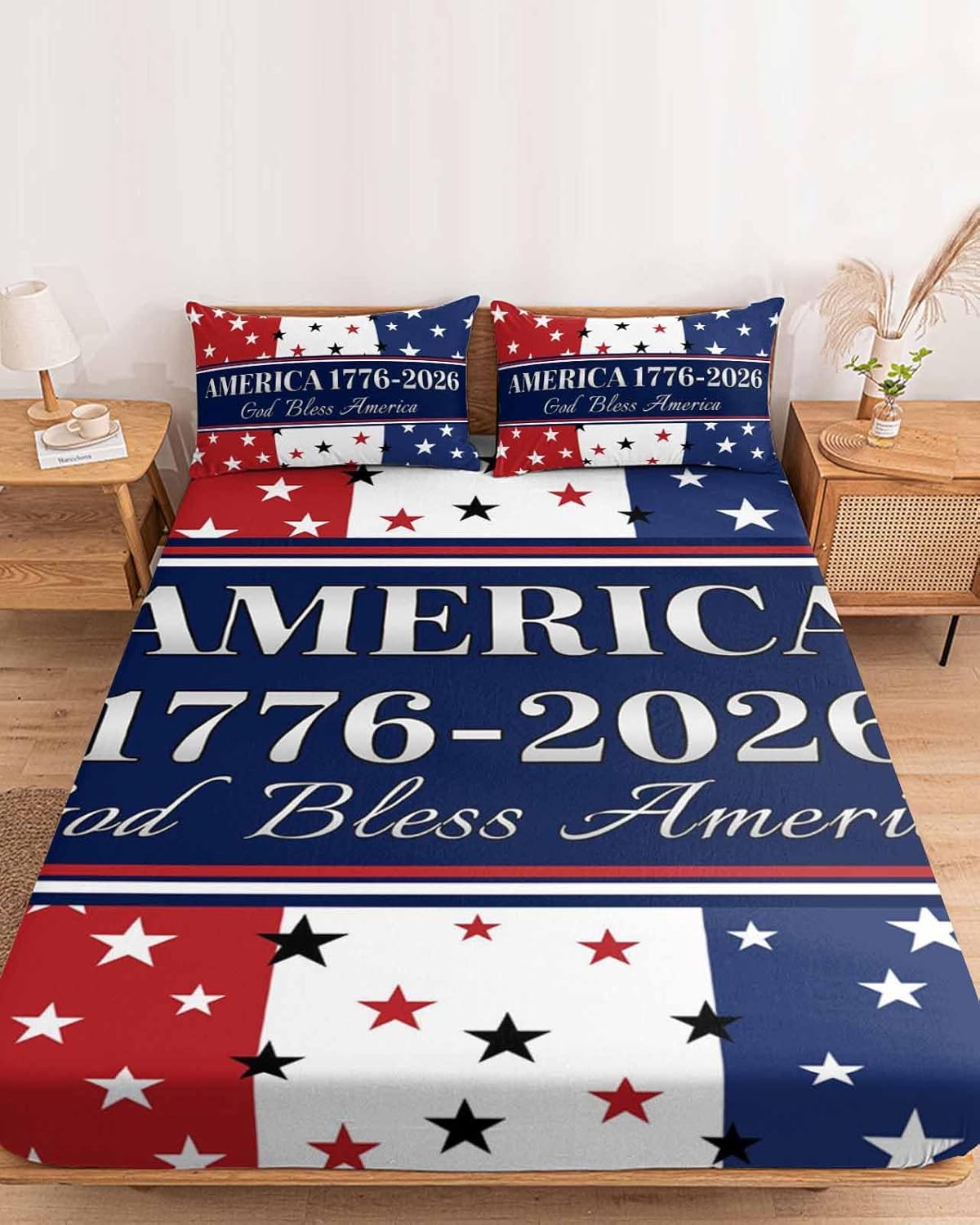 Queen Size Fitted Sheet Set - America Flag 3 Piece Bedding Sets 16" Deep Pocket Fitted Sheet with 2 Pillowcases, Red Blue White Star Independence Day Brushed Microfiber Hotel Luxury Bed Sheets