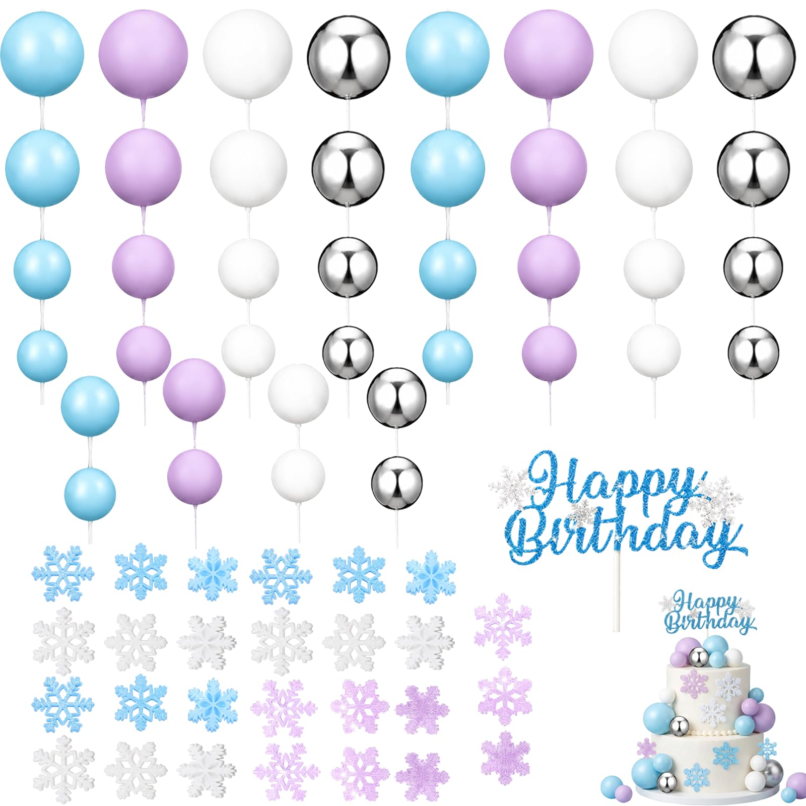 68Pcs Set Frozen Cake Decorations, Snowflake Cake Toppers for Birthday Celebrations, Elsa Cake Topper Set for Winter Wonderland Parties