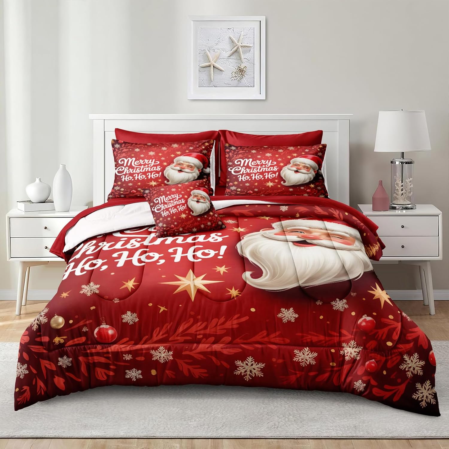 Santa Claus Comforter Queen Red Snowflake Bedding Set Leaf Stars Merry Christmas Bedroom Decor Happy Holiday Boys Girls Xmas Bed in A Bag