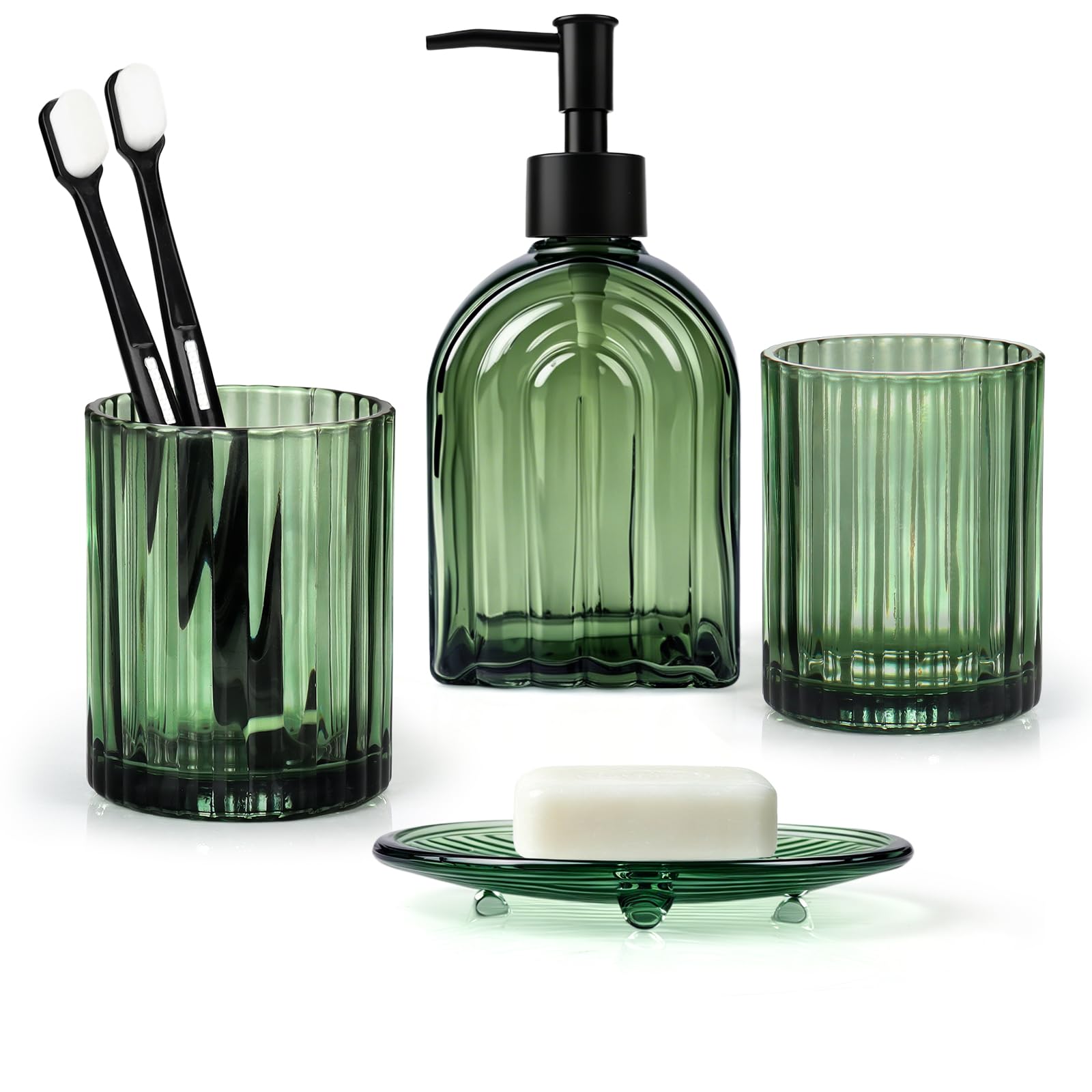 Badezimmer Set of 4 – 400ml Seifenspender, 2 Zahnputzbechern & Seifenschale | Grün Bad Zubehör Set, Badezimmer Organizer für Zahnbürsten&Wattestäbchen, Regenbogen-Muster, Edle Badezimmer Deko