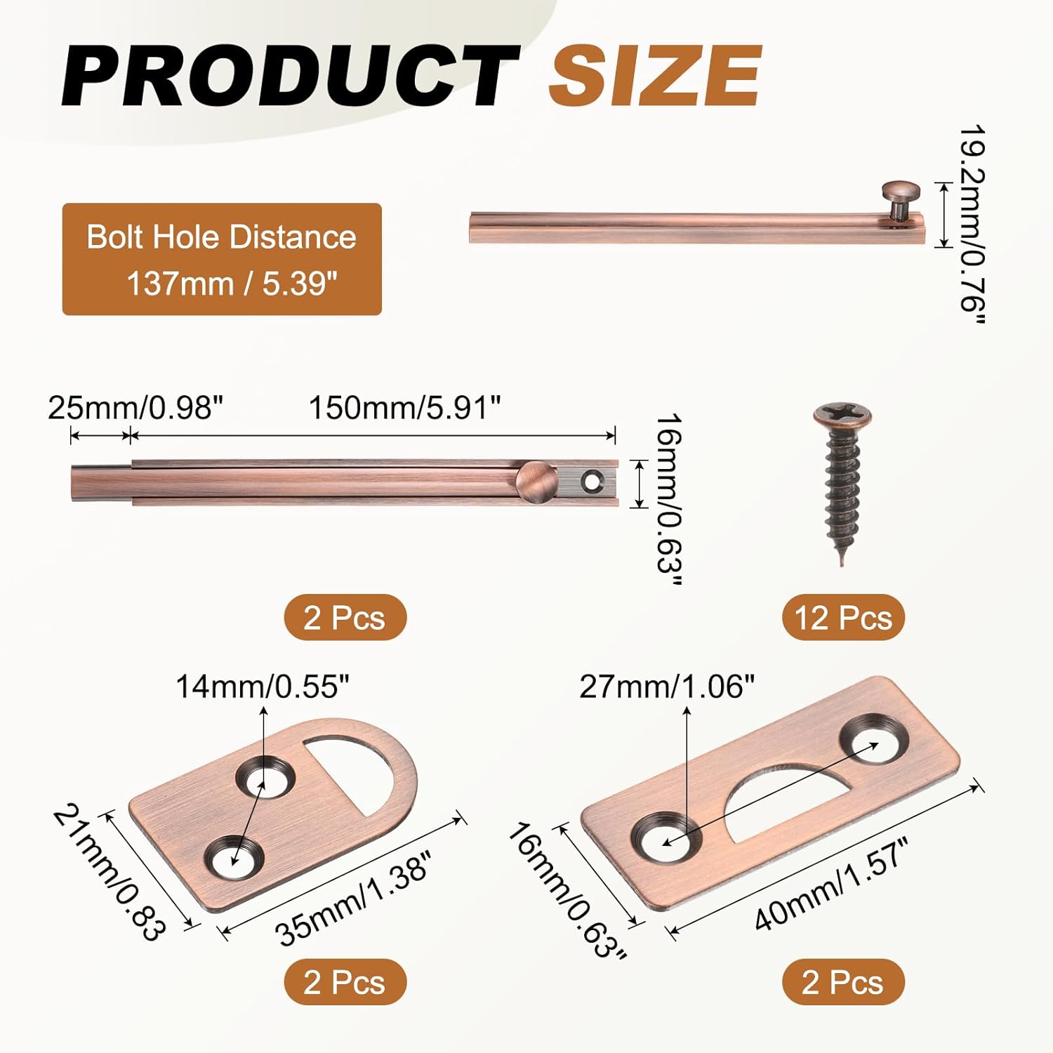 uxcell 2Pcs 6" Solid Brass Surface Bolt, Concealed Security Slide Latch Door Lock with Screws, Brushed French Door Lock for Closet Cabinet Recessed Doors, Red Bronze